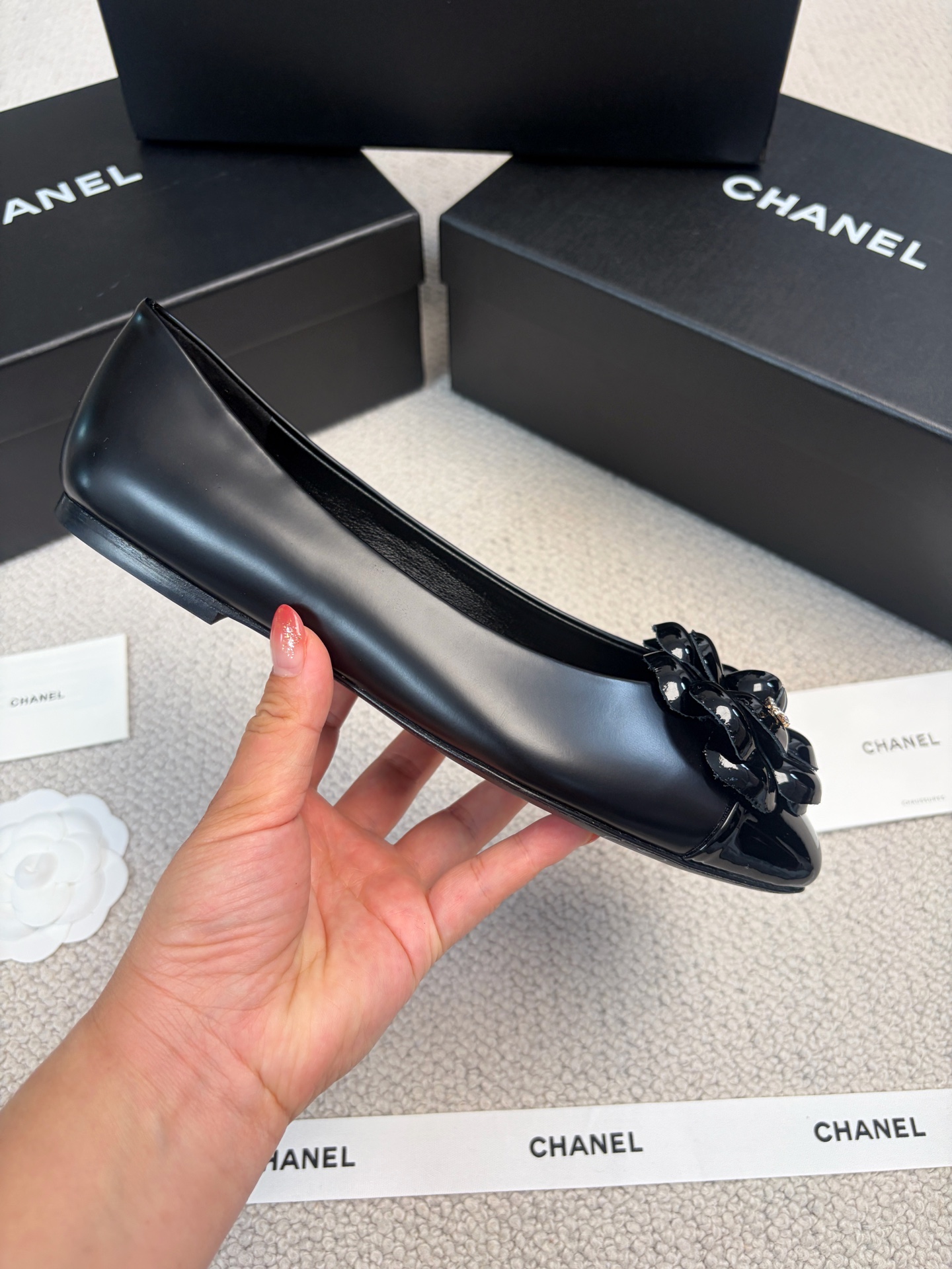 CHANEL Mary Jane Shoes Square Toe Camellia Flat Shoes