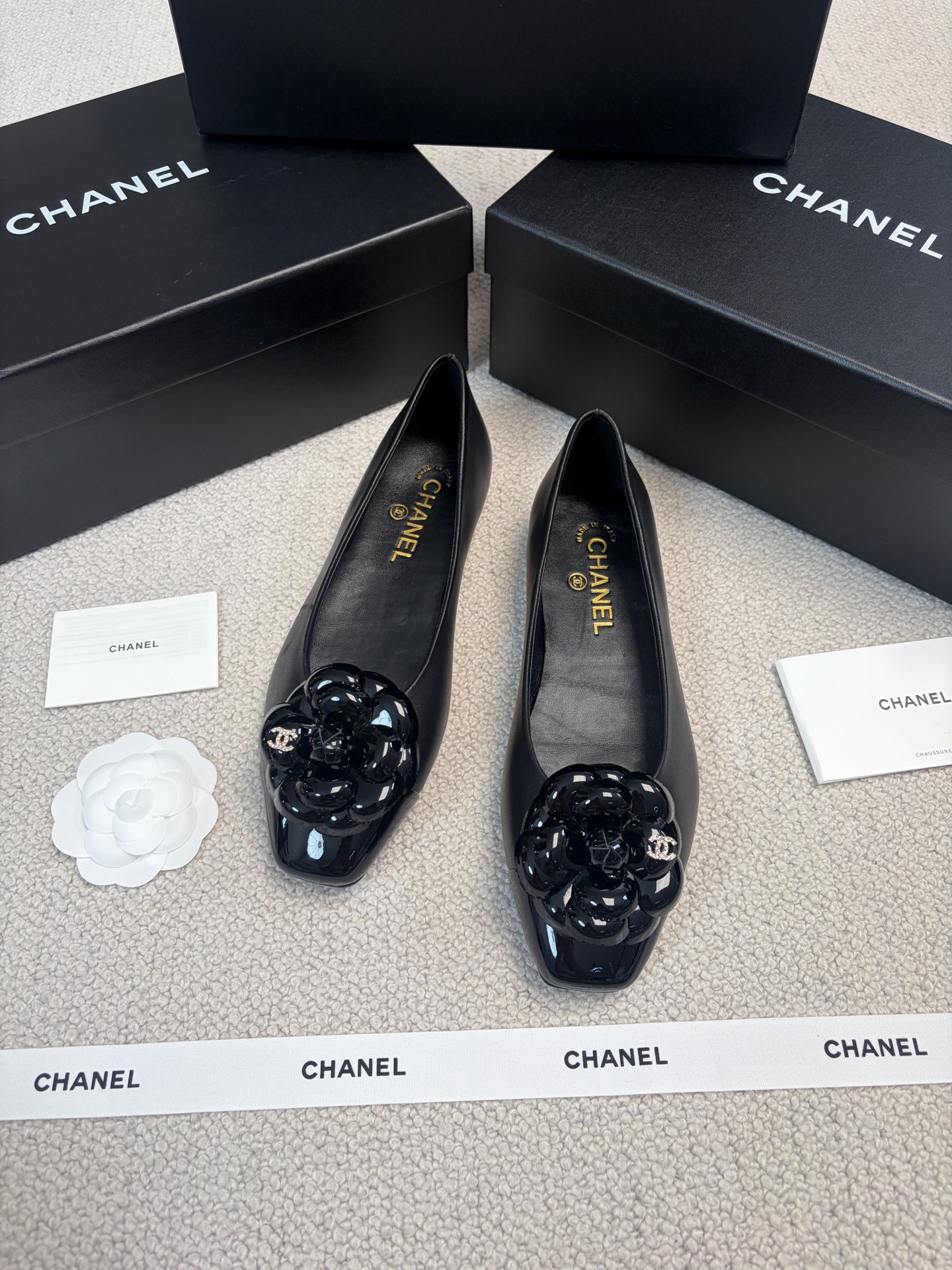 CHANEL Mary Jane Shoes Square Toe Camellia Flat Shoes