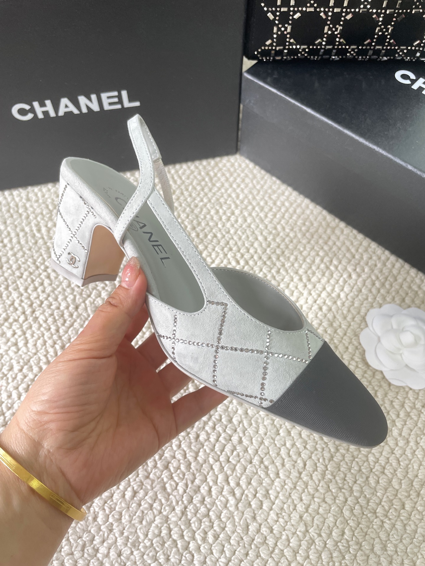 2025 Fall/Winter New Style CHANEL Rhinestone Open-Back Sling-back Sandals Flat / Chunky Heel