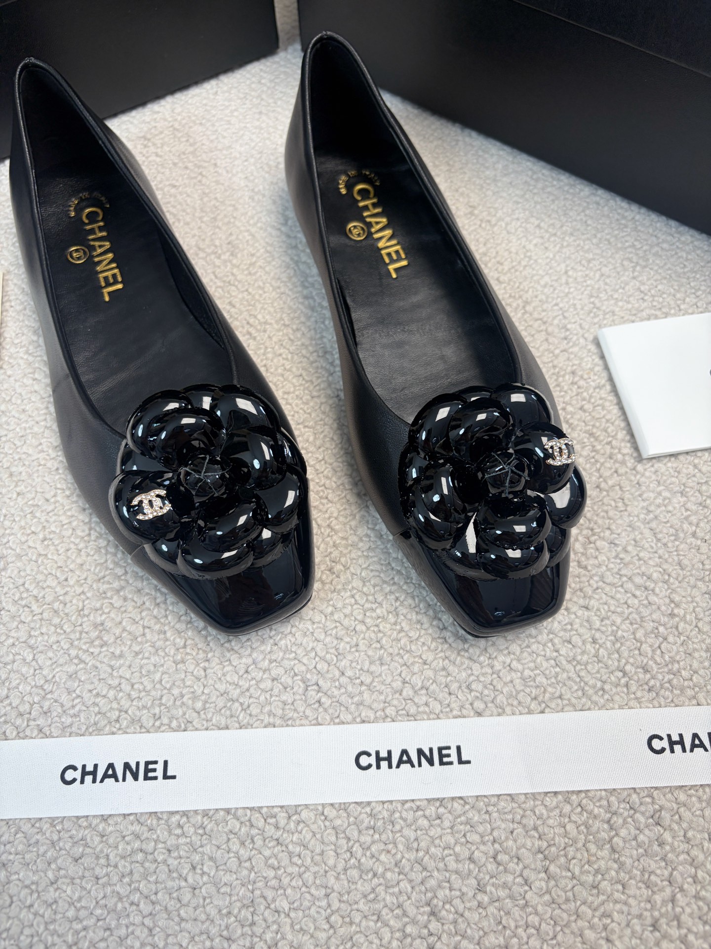 CHANEL Mary Jane Shoes Square Toe Camellia Flat Shoes