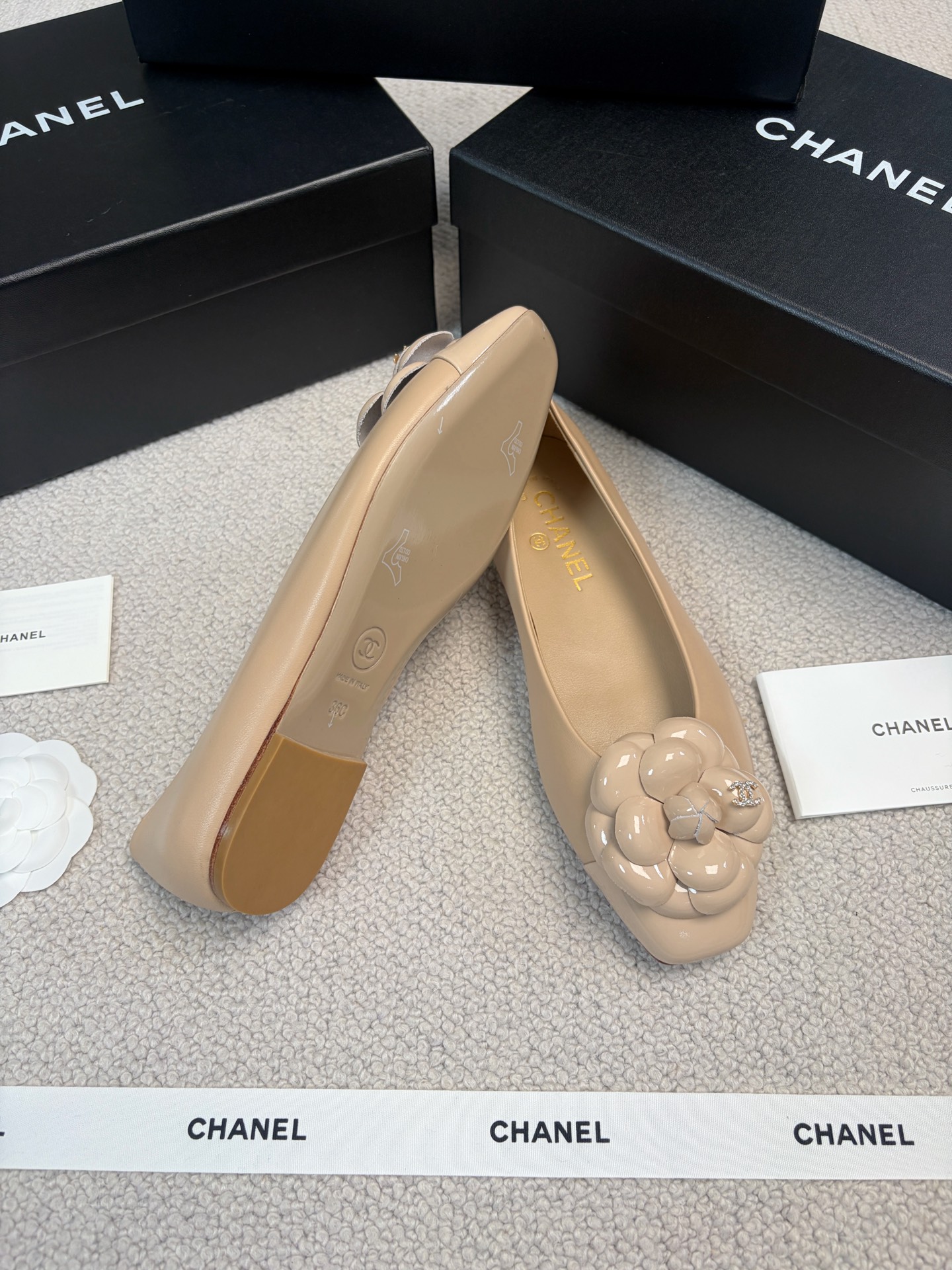 CHANEL Mary Jane Shoes Square Toe Camellia Flat Shoes
