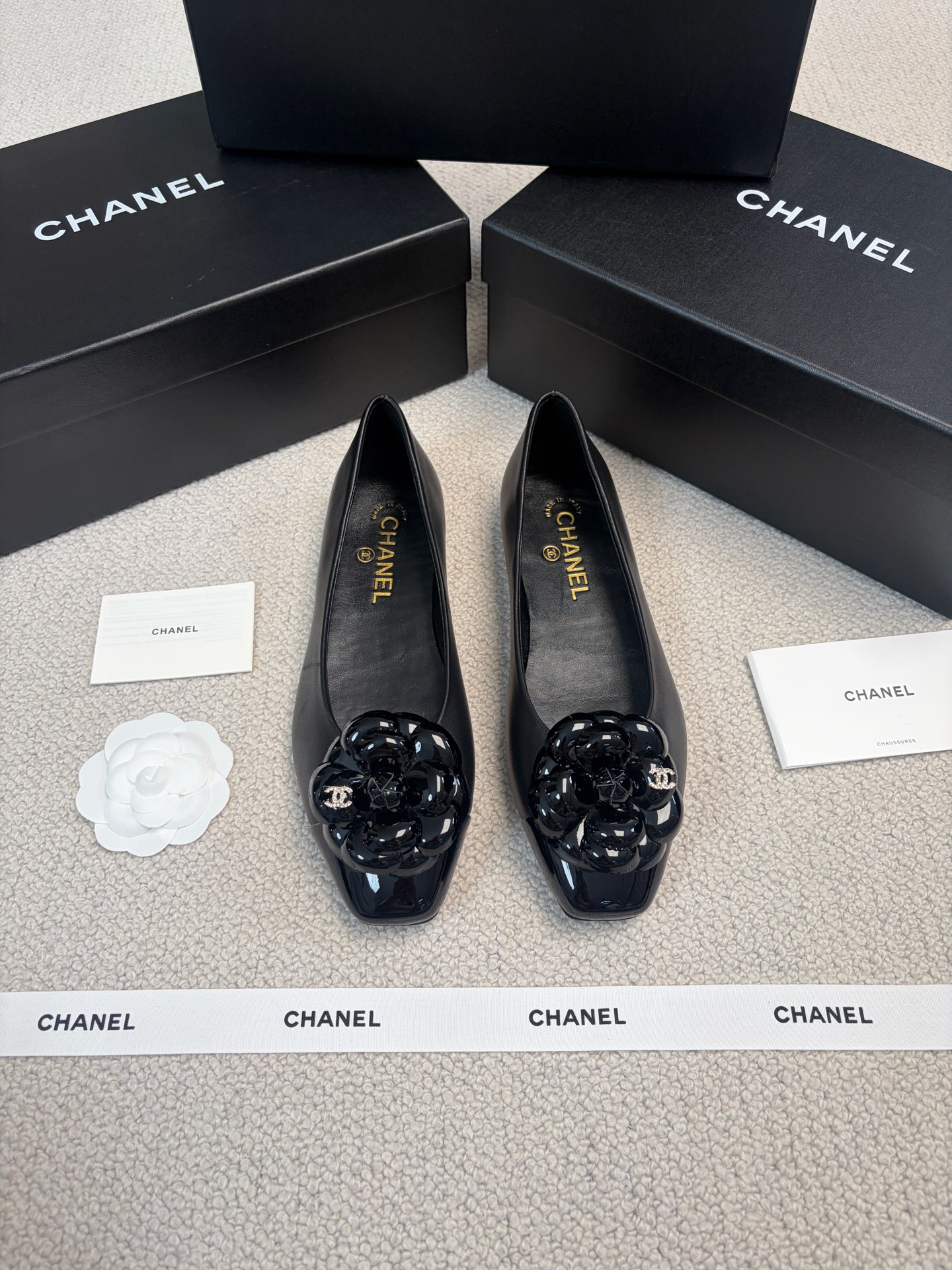 CHANEL Mary Jane Shoes Square Toe Camellia Flat Shoes