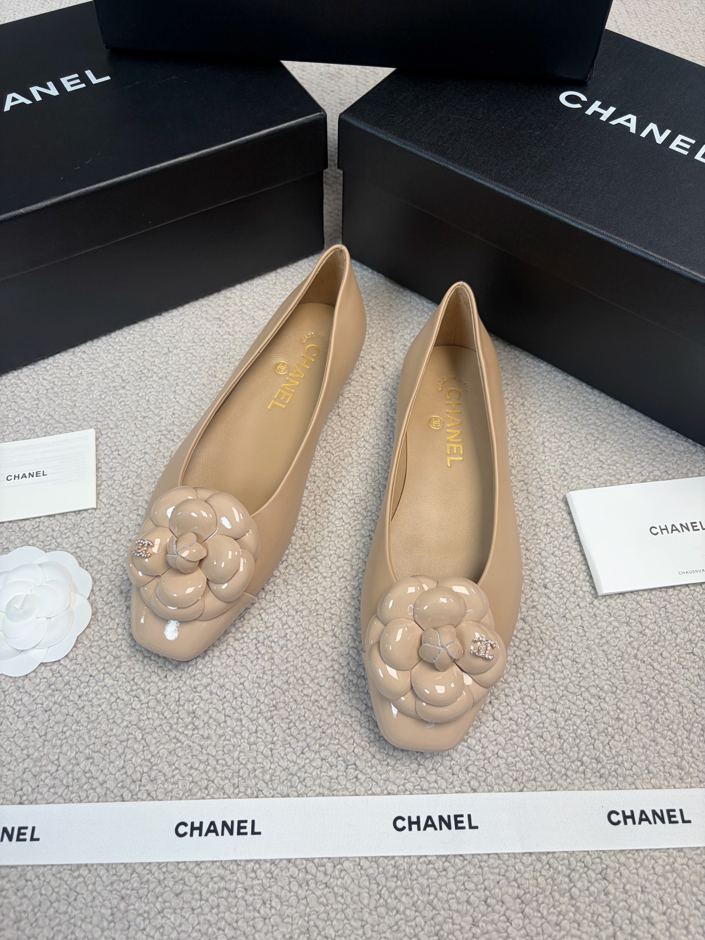 CHANEL Mary Jane Shoes Square Toe Camellia Flat Shoes