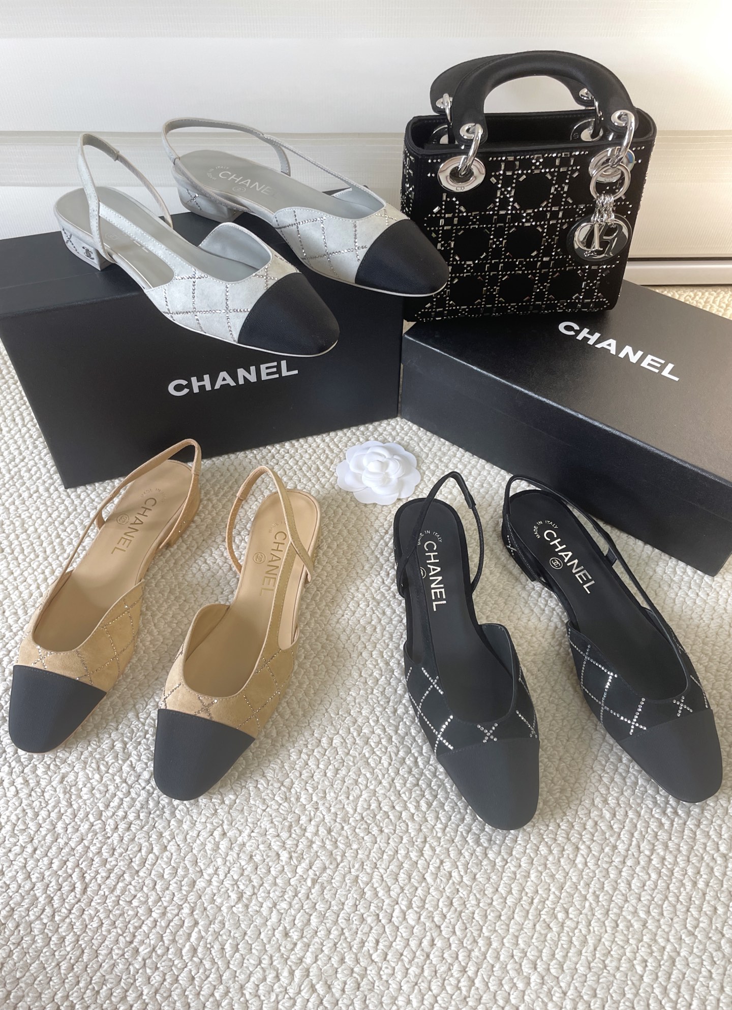 2025 Fall/Winter New Style CHANEL Rhinestone Open-Back Sling-back Sandals Flat / Chunky Heel