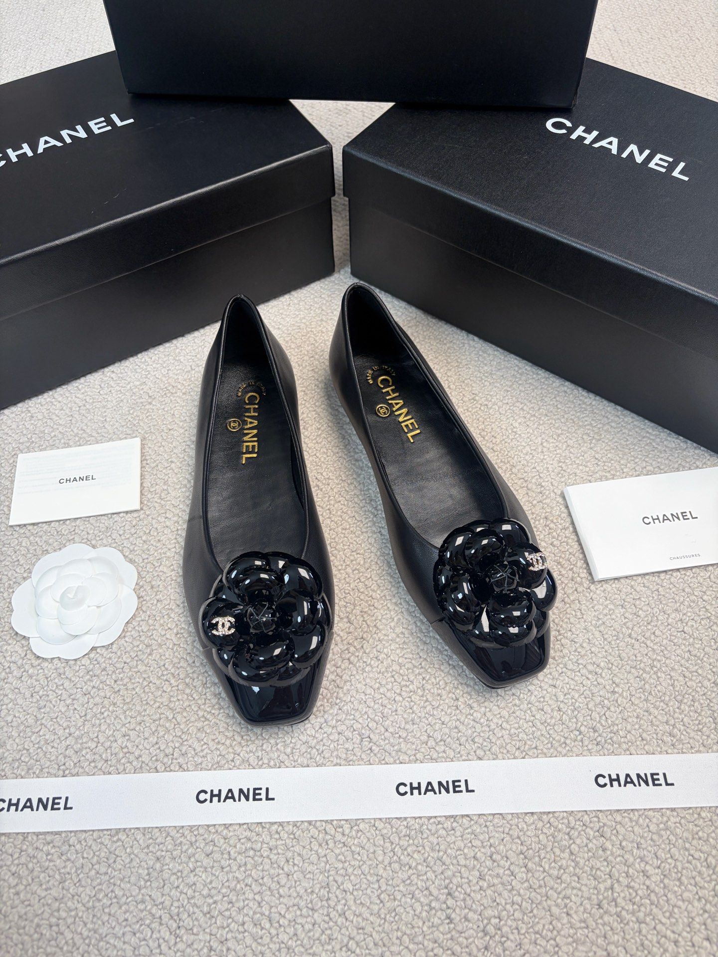 CHANEL Mary Jane Shoes Square Toe Camellia Flat Shoes