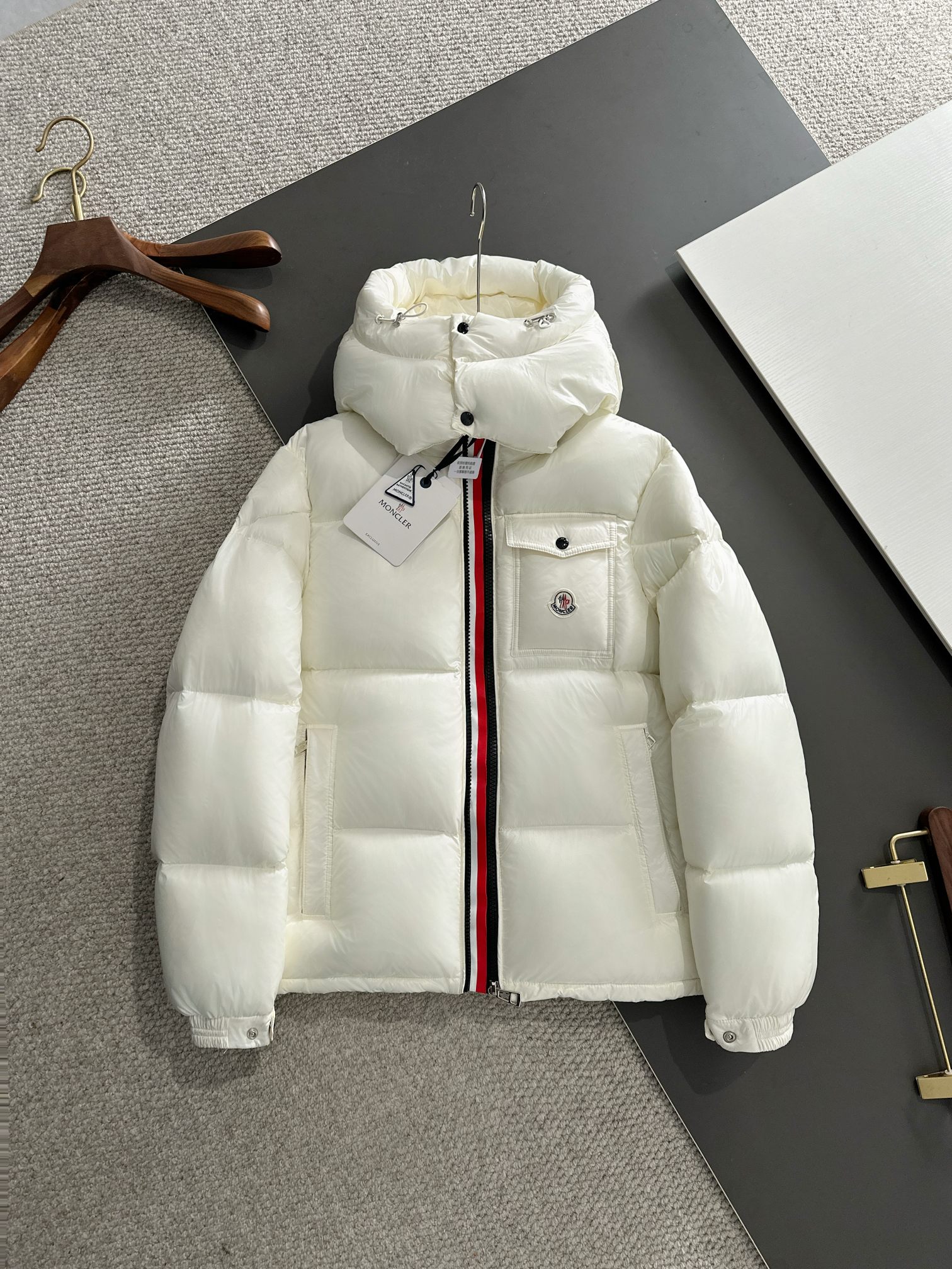 Moncler Classic Short Down Jacket with Triple-Color Webbing