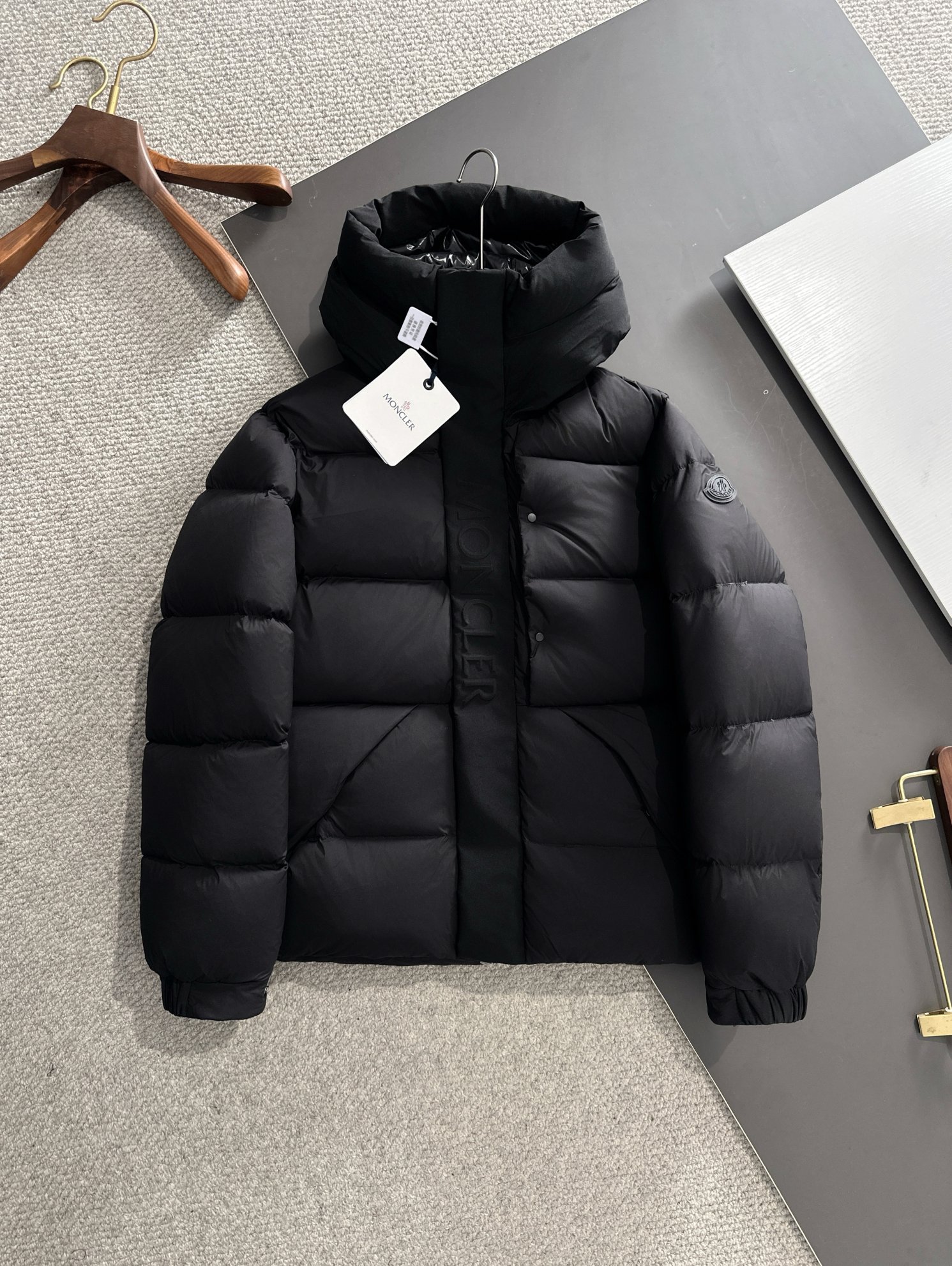 Moncler Classic Short Down Jacket with Triple-Color Webbing