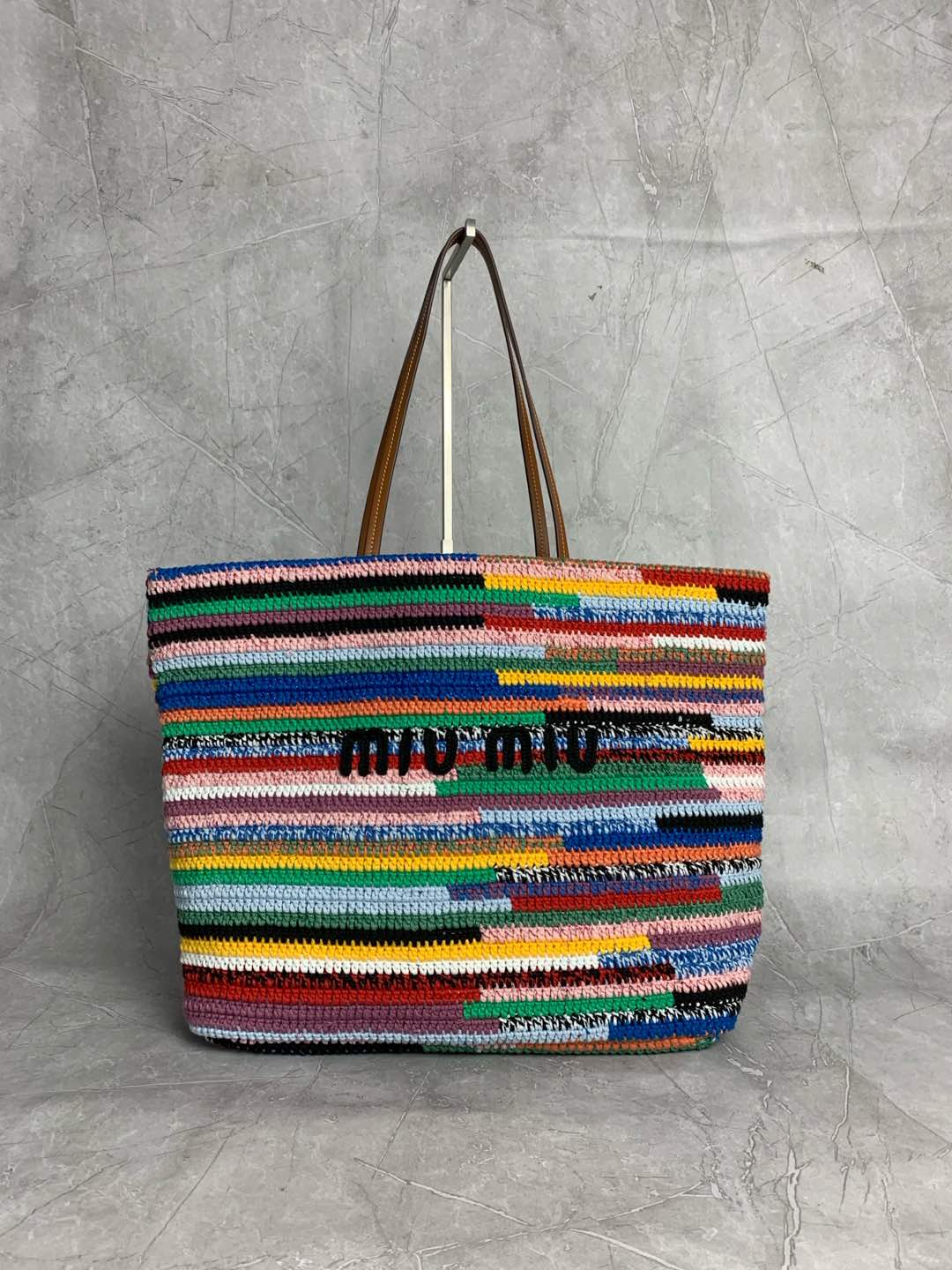 Miumiu raffia straw woven with cotton thread tote bag