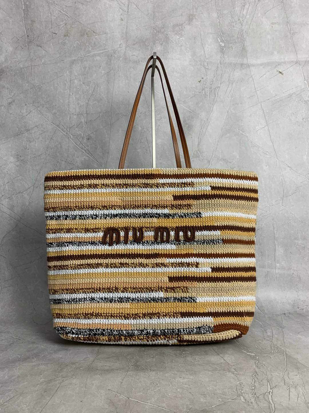 Miumiu raffia straw woven with cotton thread tote bag