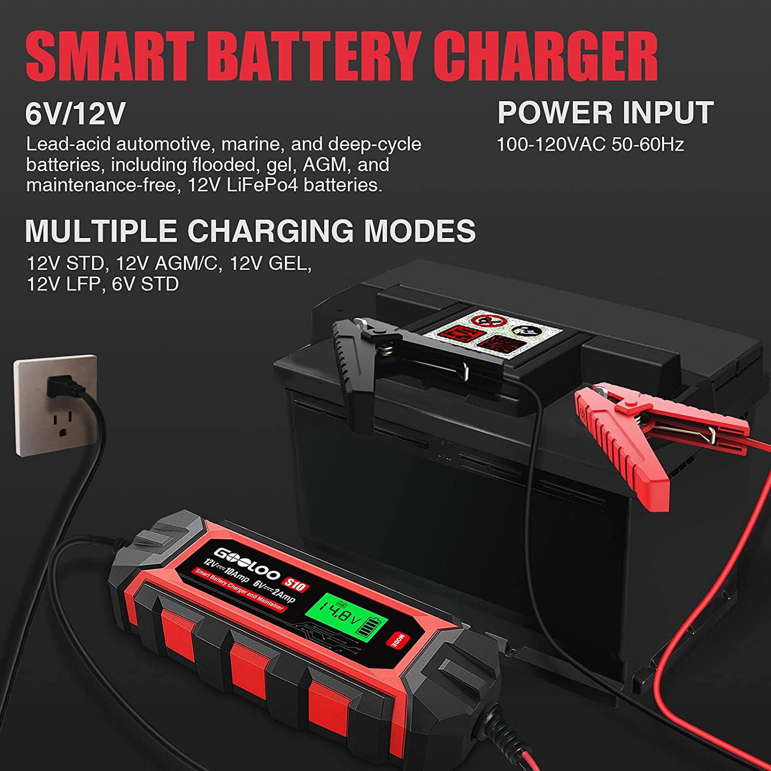 10-Amp Car Battery Charger, 6V and 12V Fully Automatic Battery Charger Maintainer, Trickle Charger, Supersafe Smart Battery Desulfator for Lead-Acid Batteries(S10)