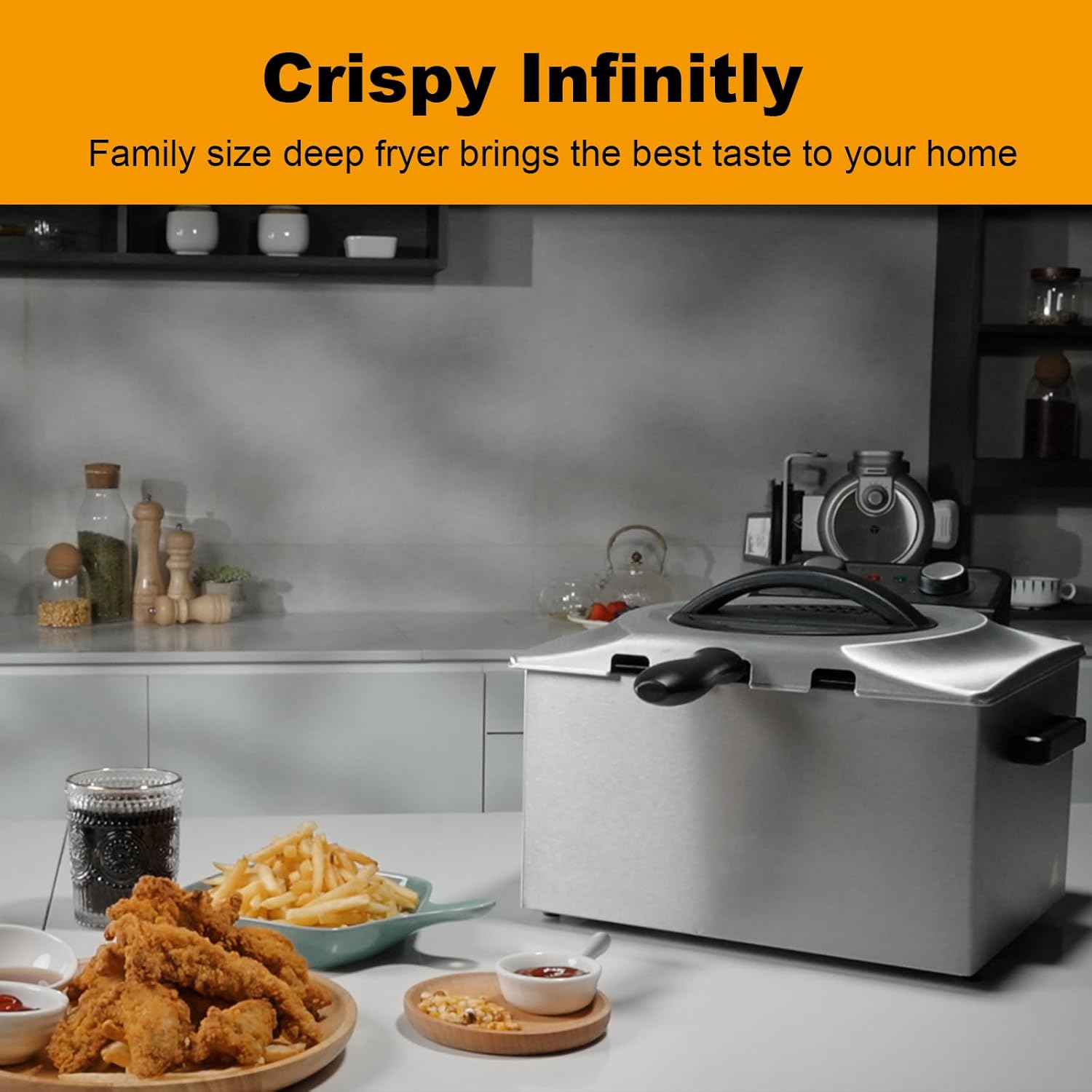 Electric Deep Fryer with Basket for Home Use, Lid with Viewing Window and Odorless Filter, Adjustable Temperature, 5.3 Quart, Stainless Steel