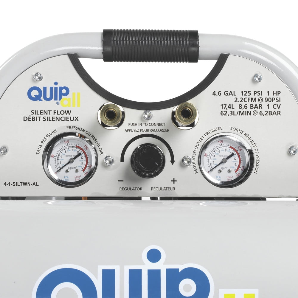 Quipall 4-1-SILTWN-AL Ultra Quiet 1 HP 4.6 Gallon Oil-Free Twin Stack Air Compressor