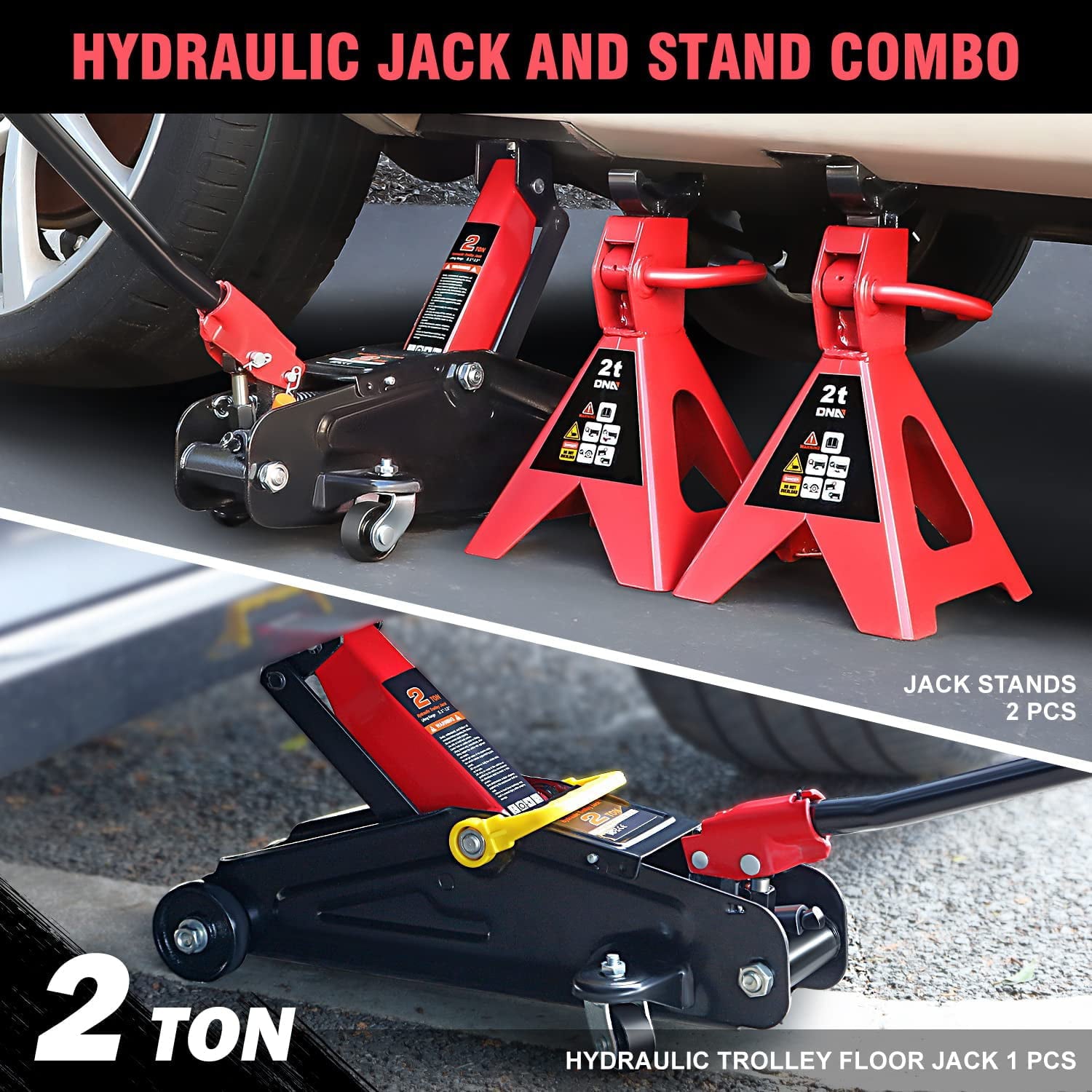 DNA Motoring TOOLS-00280 Low Profile Hydraulic Trolley Service/Floor Jack Combo with 2 Ratchet Jack Stands