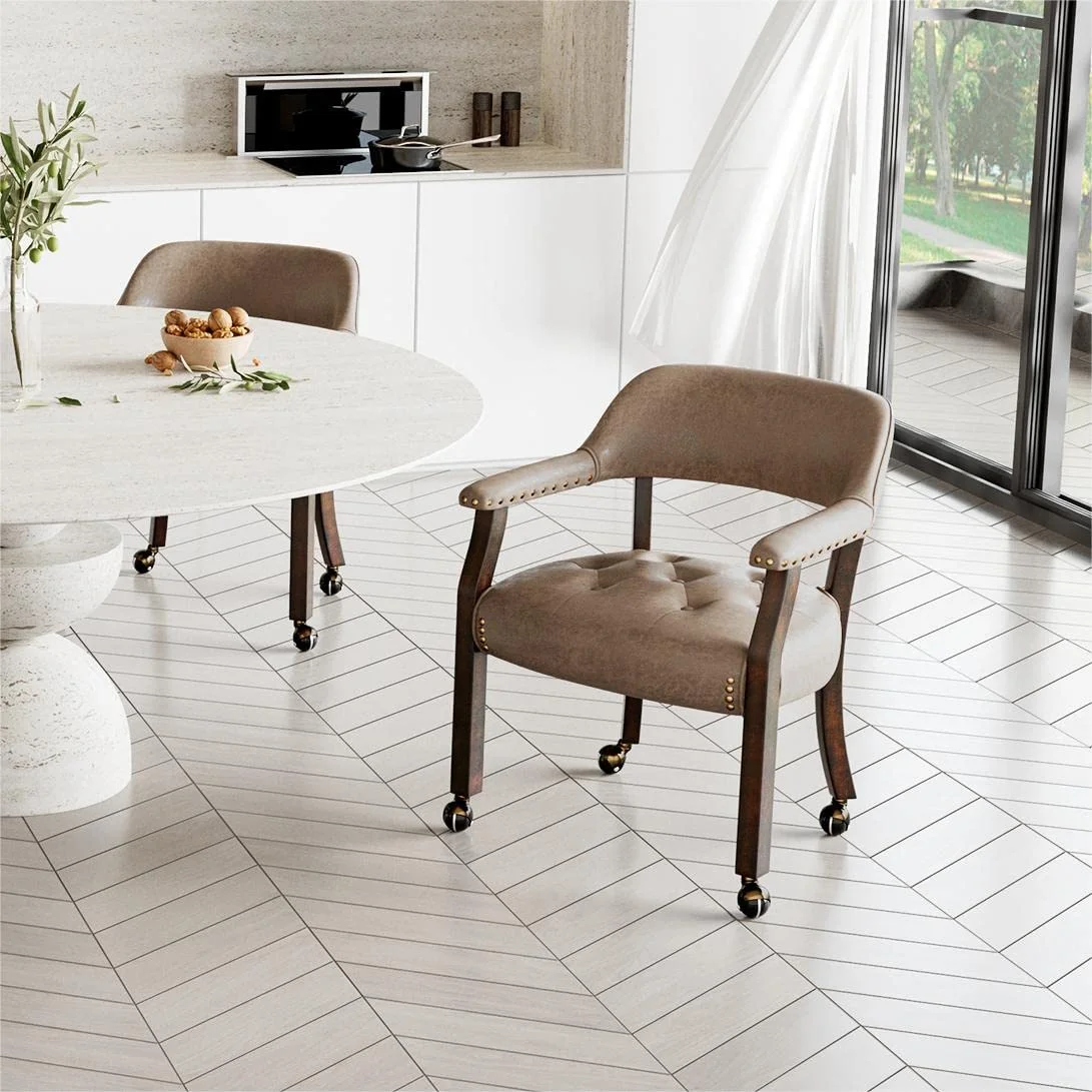 JESONVID Dining Chair with Casters Set of 2, Captain's Chair with Caster Dining Room Chairs with Rollers Curving Backrest Dinette Sets Poker Chair with Wheels Rolling Chairs,Light Yellow