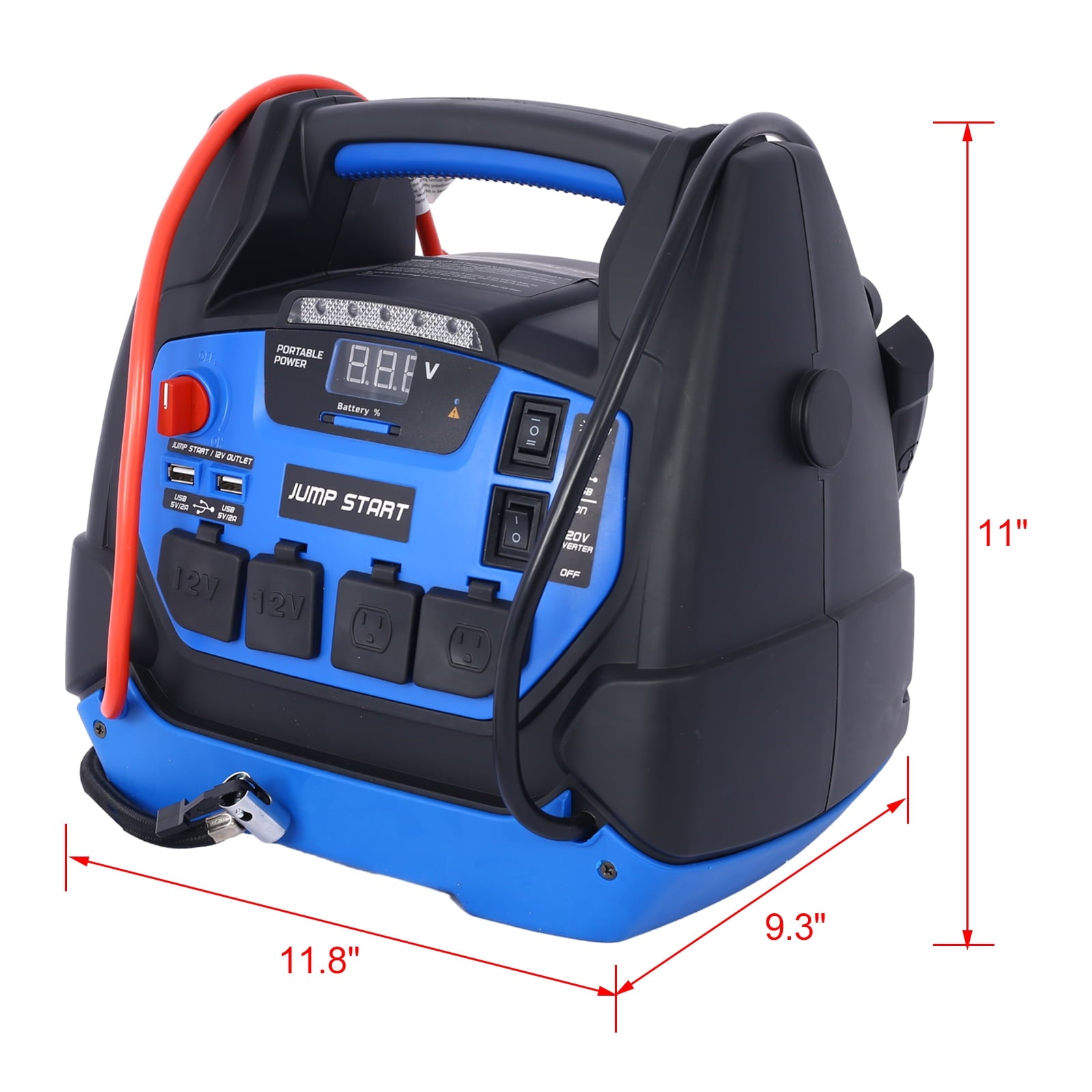 Rechargeable Jump Starter for Gas Diesel Vehicles - 1800 Amps with Air Compressor and AC, 12V DC, USB Power Station, Black+Blue