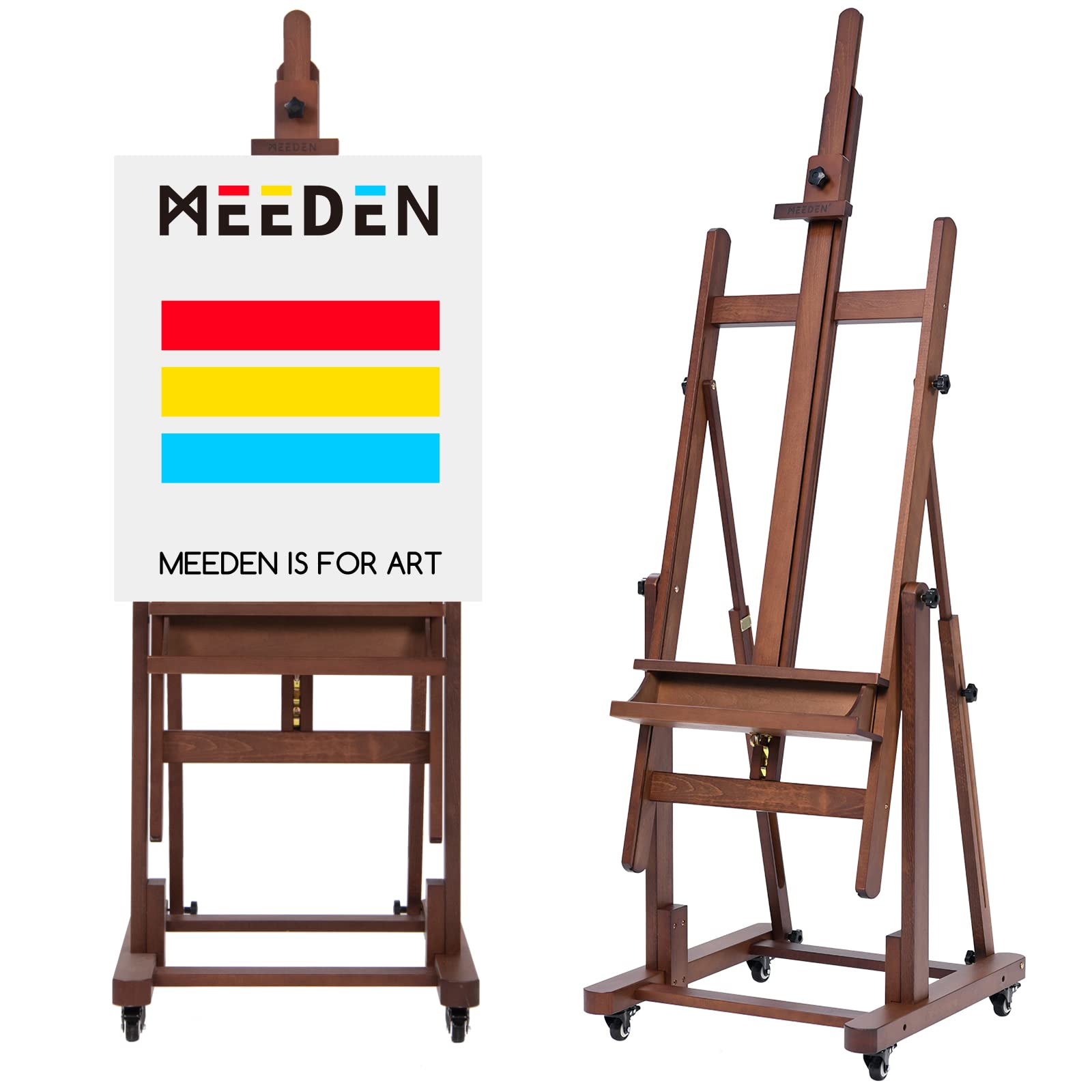 MEEDEN Extra Large H-Frame Studio Easel - Solid Beech Wooden Artist Professional Heavy-Duty Easel, Painting Art Easel Stand with 4 Premium Locking Silent Caster Wheels, Hold Max 82