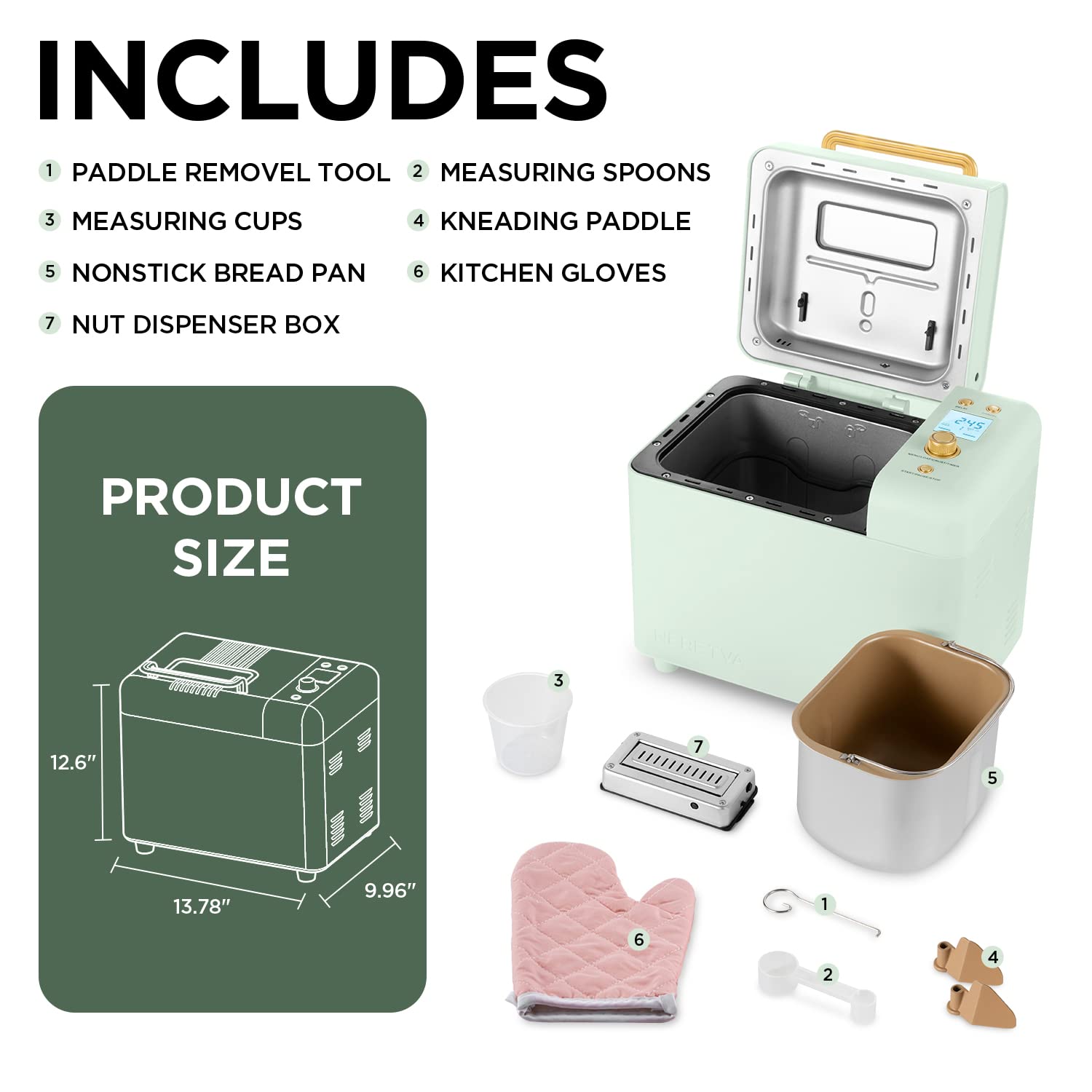 Neretva Bread Maker Machine, 15-in-1 2LB Automatic Breadmaker with Gluten Free Sourdough Setting, Auto Nut Dispenser (Mint Green)