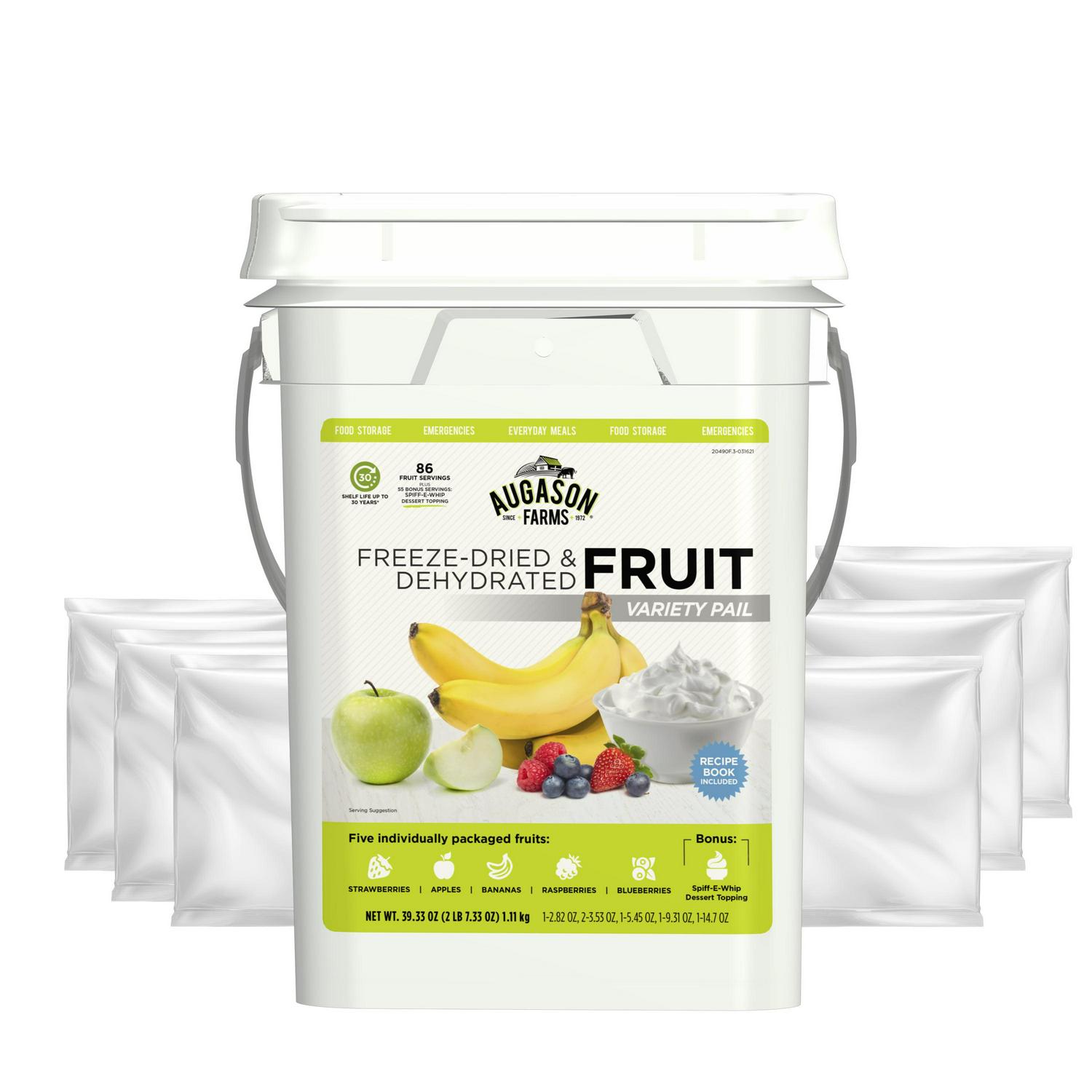 Augason Farms Freeze Dried and Dehydrated Fruit Variety Pail， 86 Servings， Emergency Food