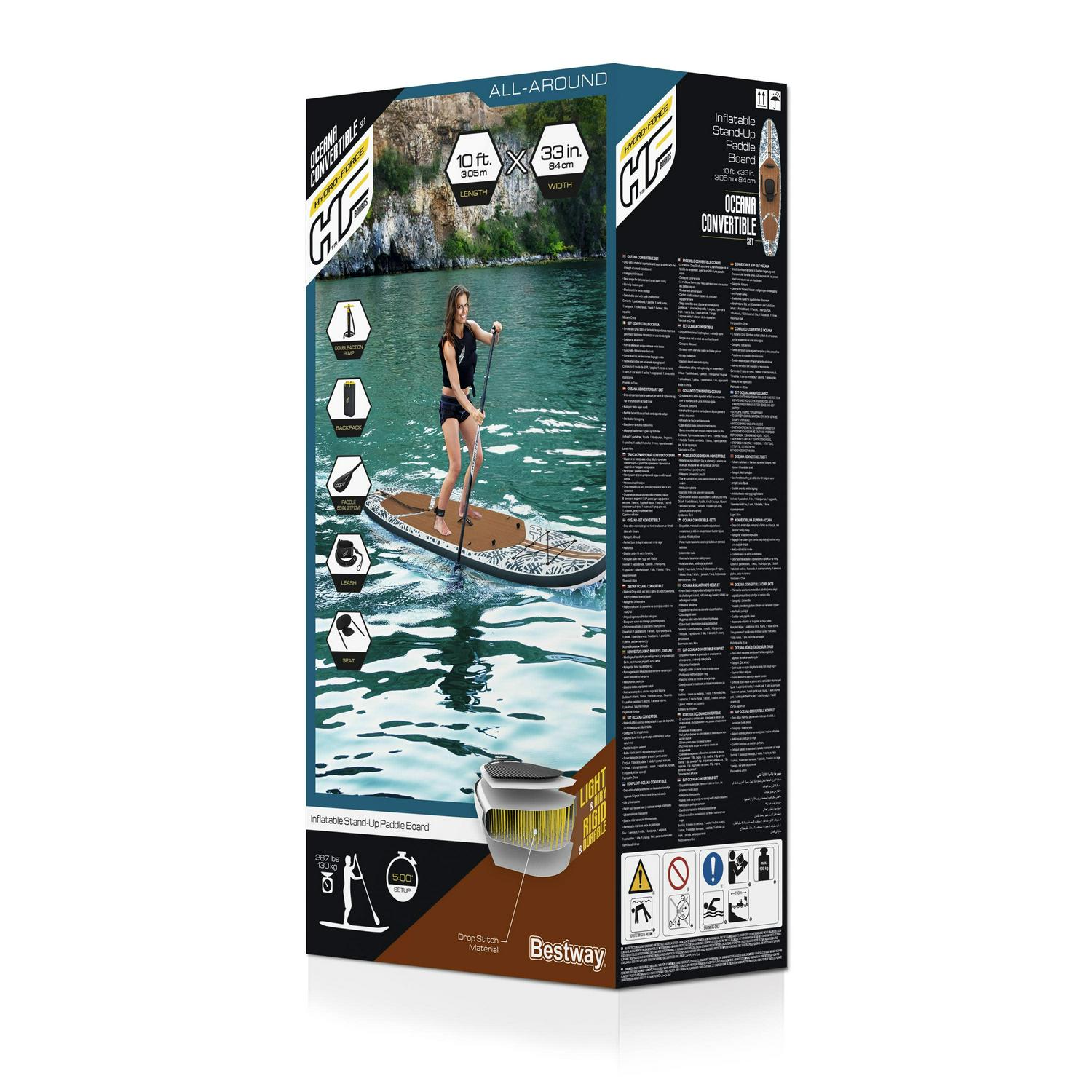 Hydro-Force Oceana 10 Ft. Inflatable Convertible Stand-up Paddle Board and Sit-on Kayak Set， Wood and Palm Print