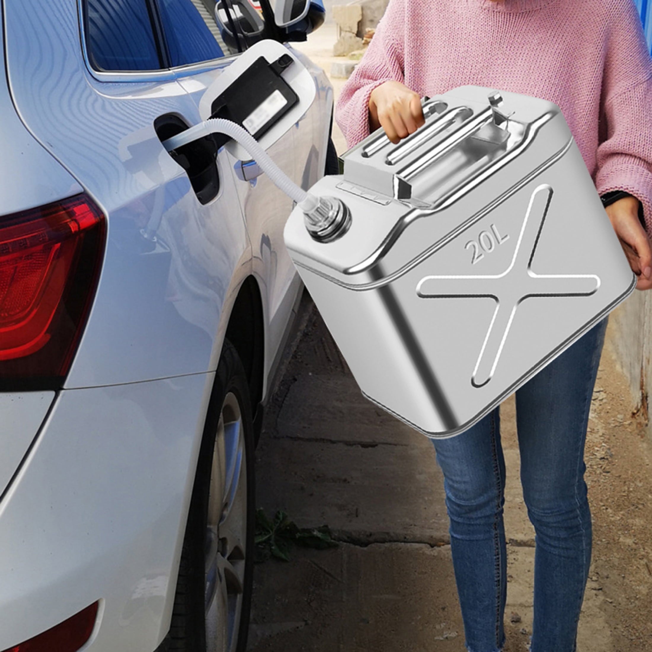 EUBUY 304 Stainless Steel Jerry Can Car Canister Holder Storage Tank with 3 Handles for Water Petrol Oil Water Alcohol 20L