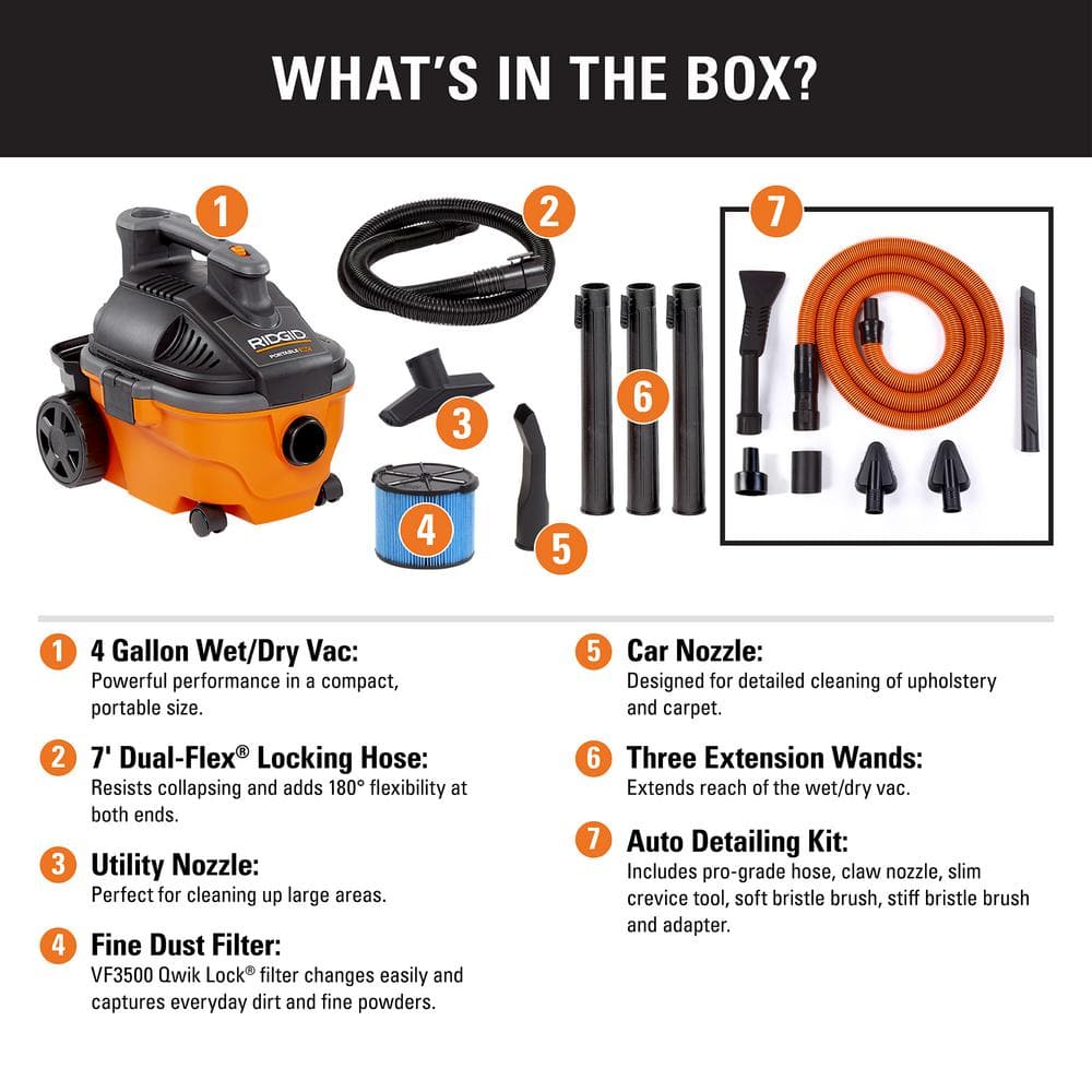 4 Gallon 5.0 Peak HP Portable Wet/Dry Shop Vacuum with Fine Dust Filter, Hose, Accessories and Premium Car Cleaning Kit WD4070C