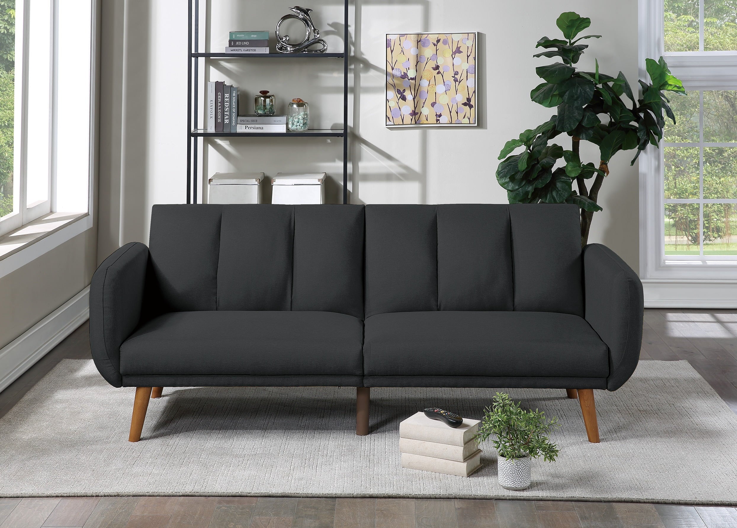 Dcenta Elegant Modern Sofa Black Polyfiber 1pc Sofa Convertible Bed Wooden Legs Living Room Guest Furniture