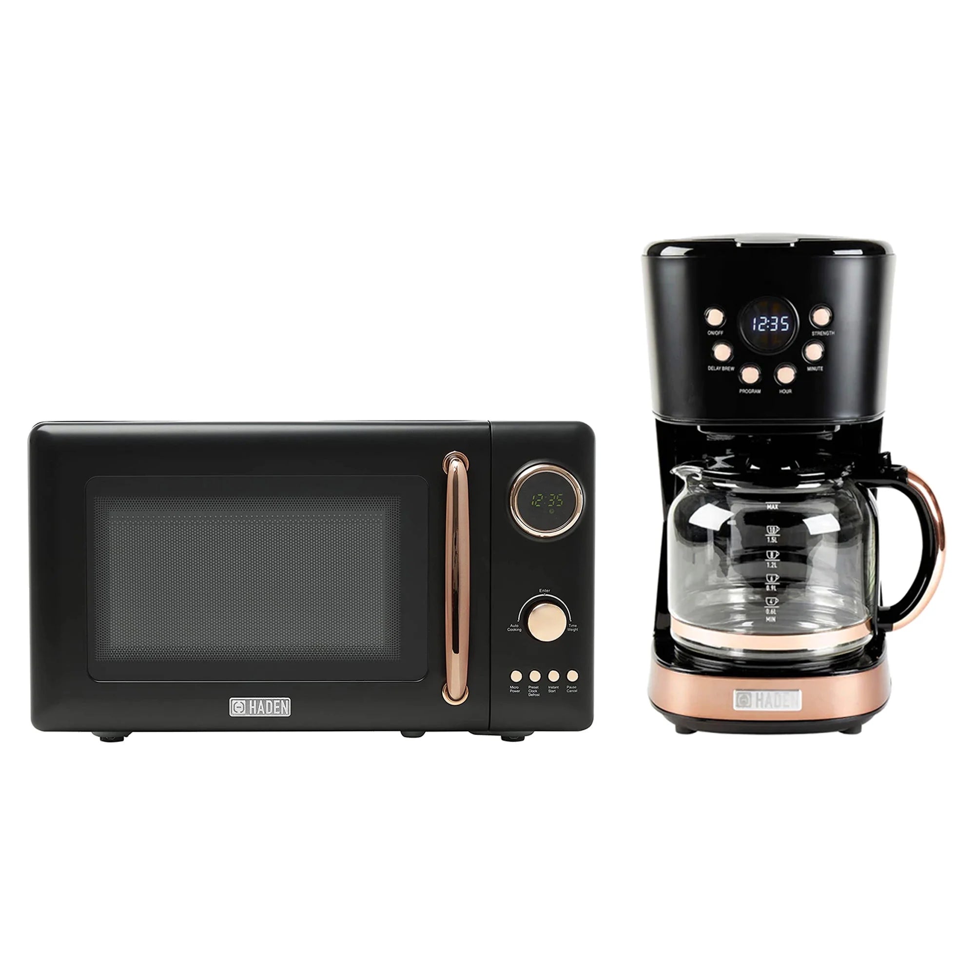 Haden 700W Microwave Oven and 12 Cup Coffee Maker Machine Set, Black/Copper