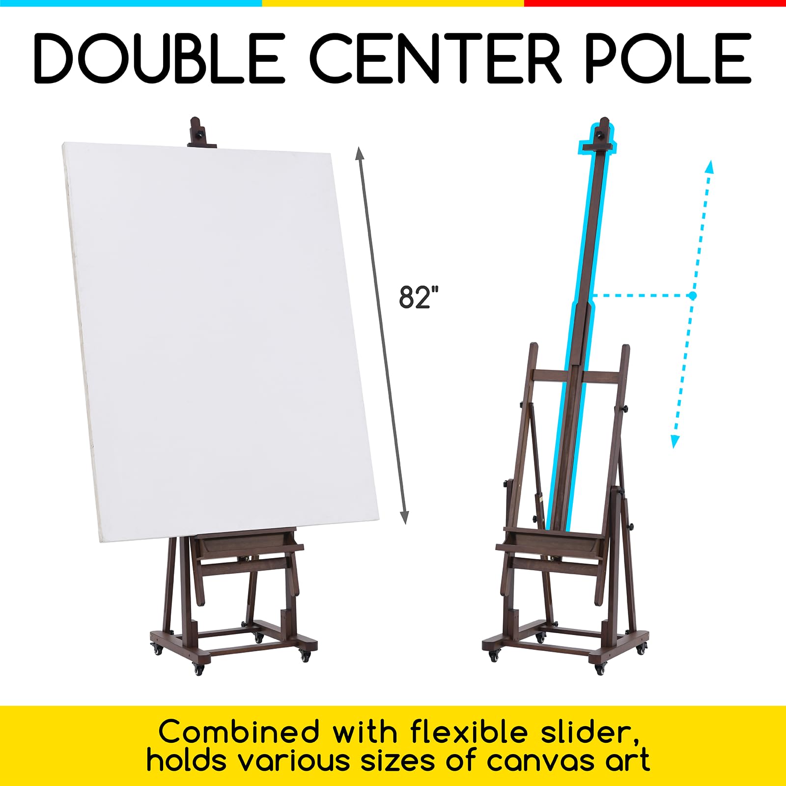 MEEDEN Extra Large H-Frame Studio Easel - Solid Beech Wooden Artist Professional Heavy-Duty Easel, Painting Art Easel Stand with 4 Premium Locking Silent Caster Wheels, Hold Max 82