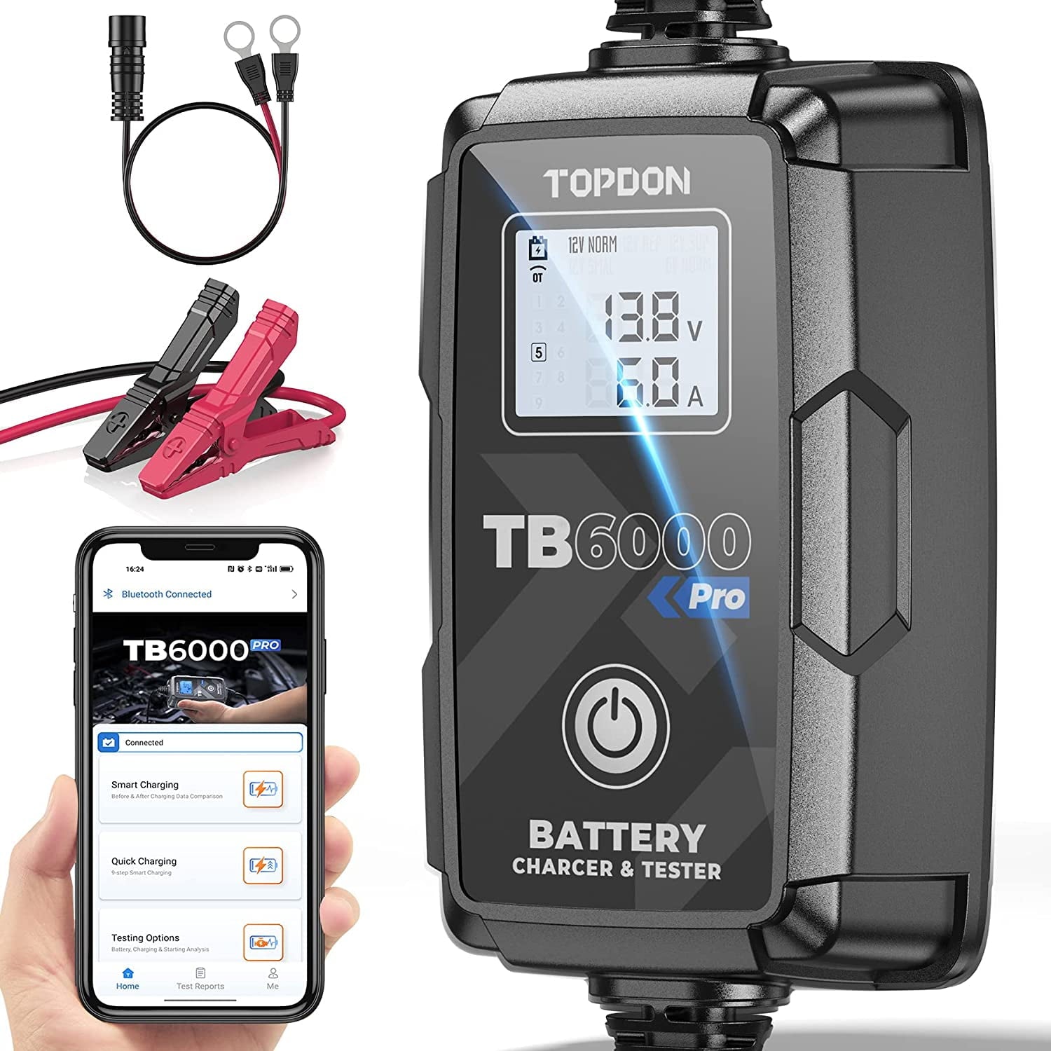 2-in-1 Smart Car Battery Charger & Battery Tester, TOPDON TB6000Pro 6Amp 6V/12V Trickle Charger Maintainer, 12V Load Tester