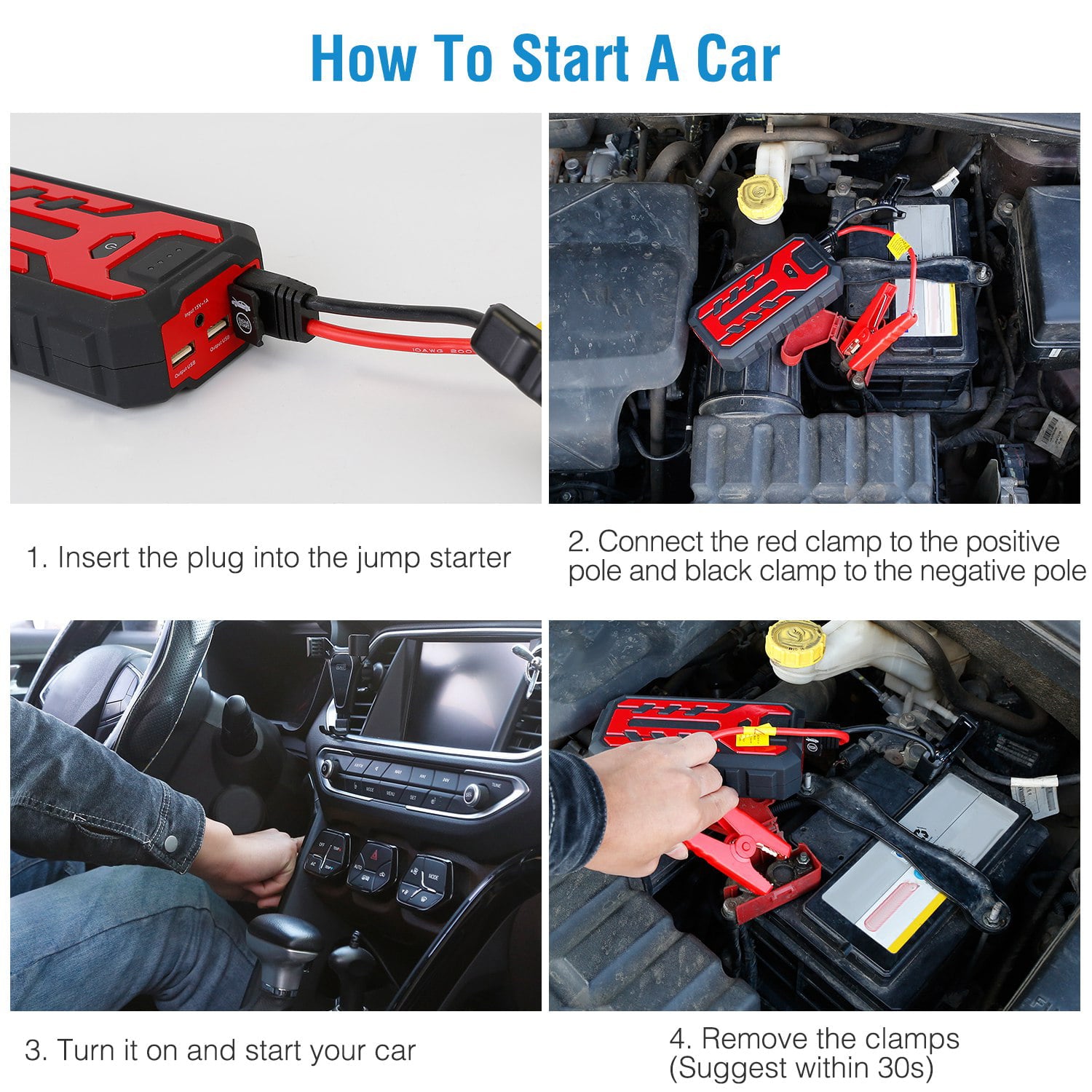 Car Jump Starter iMounTEK Booster 800A Peak 28000mAh Battery Charger Power Bank w/ 4 Modes LED Flashlight for Up to 6.0L Gas or 4.0L Diesel Engine Car