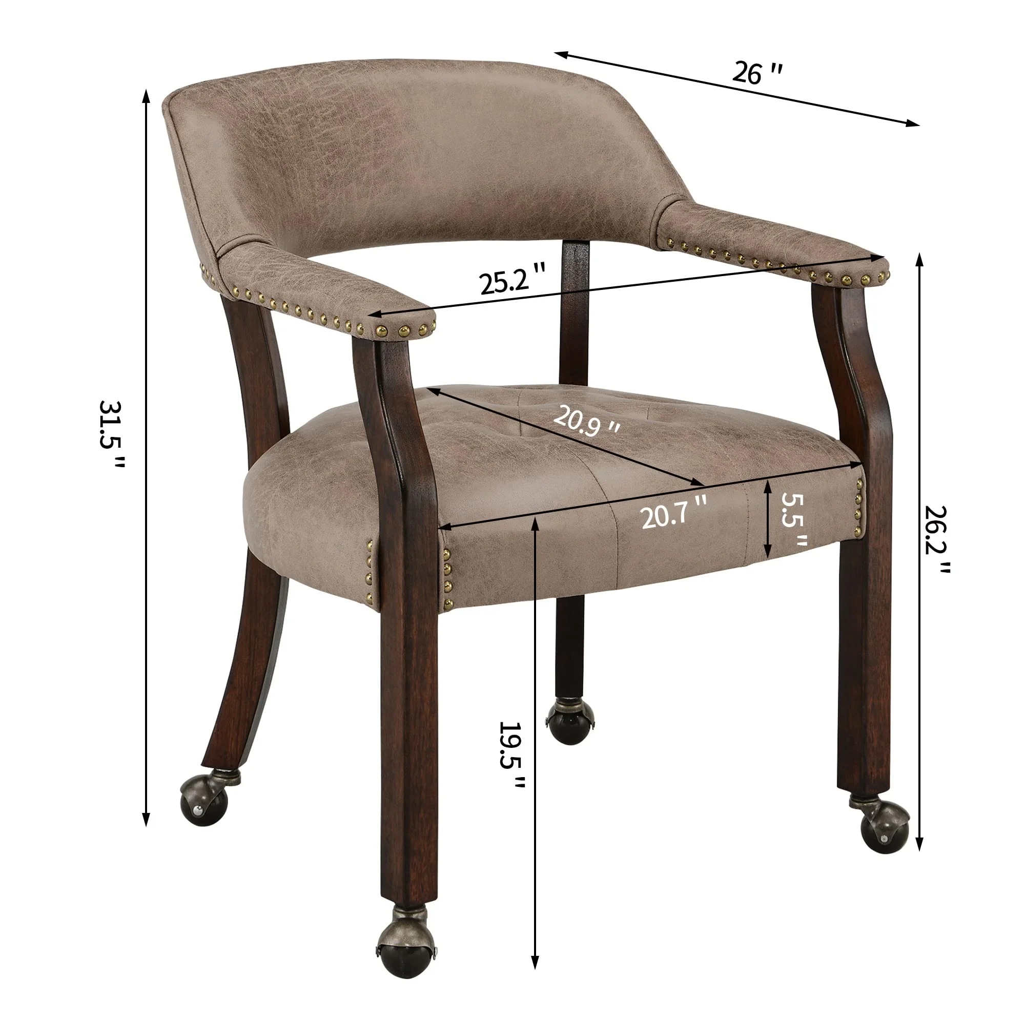 JESONVID Dining Chair with Casters Set of 2, Captain's Chair with Caster Dining Room Chairs with Rollers Curving Backrest Dinette Sets Poker Chair with Wheels Rolling Chairs,Light Yellow