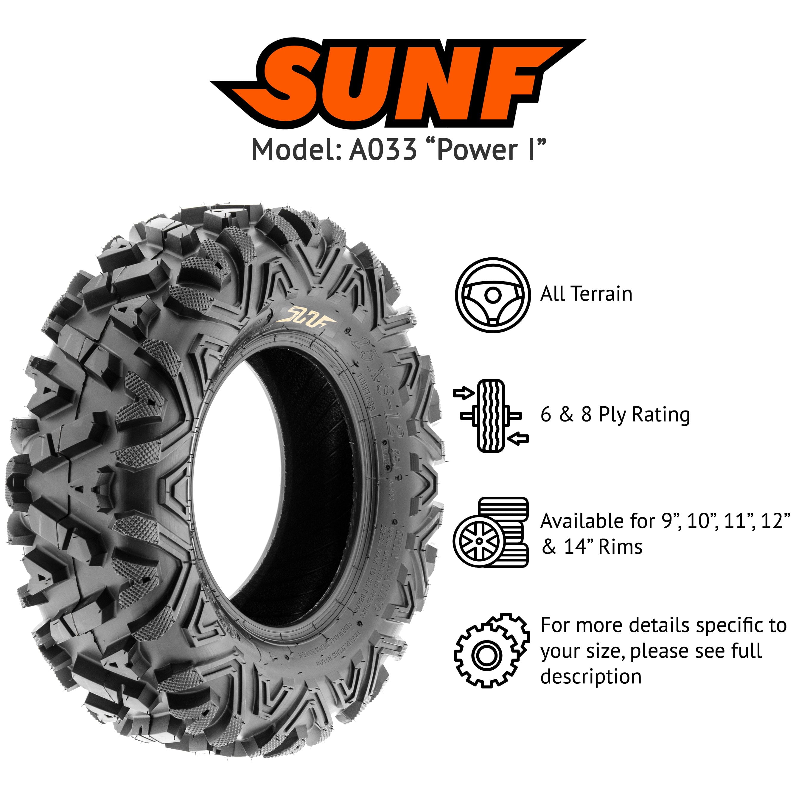 SunF All Terrain ATV UTV Tires 25x8-12 and 25x10-12 6 PR A033 (Complete Full Set of 4)