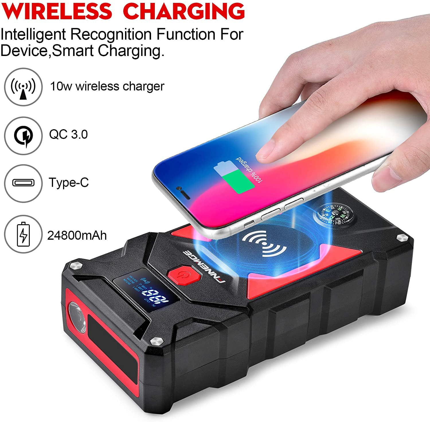 FNNEMGE Car Jump Starter 2500A Peak 24800mAh 12V Super Safe Jump Starter(Up to All Gas, 8.0L Diesel Engine), with 10W Wireless Charger Power Bank, with Smart Jumper Cable, USB Quick Charge 3.0