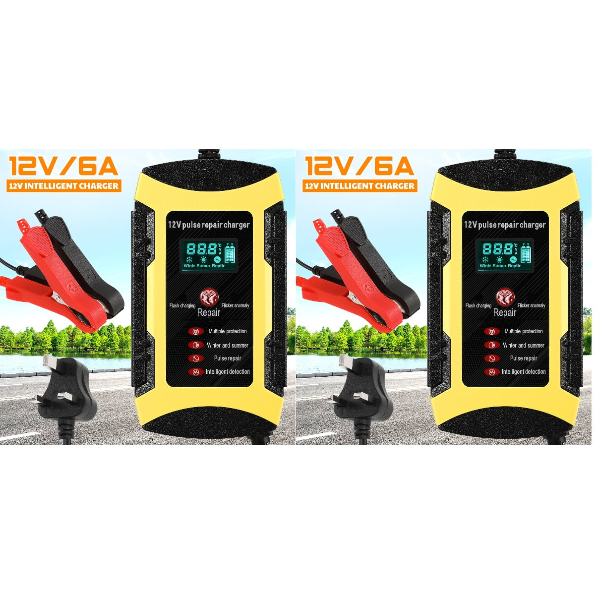 2pcs Car Battery Charger Automatic Smart Battery Maintainer with Digital Display Screen Pulse Repair Charger for SUV Car Lawn Mower Motorcycle Boat (UK Plug)