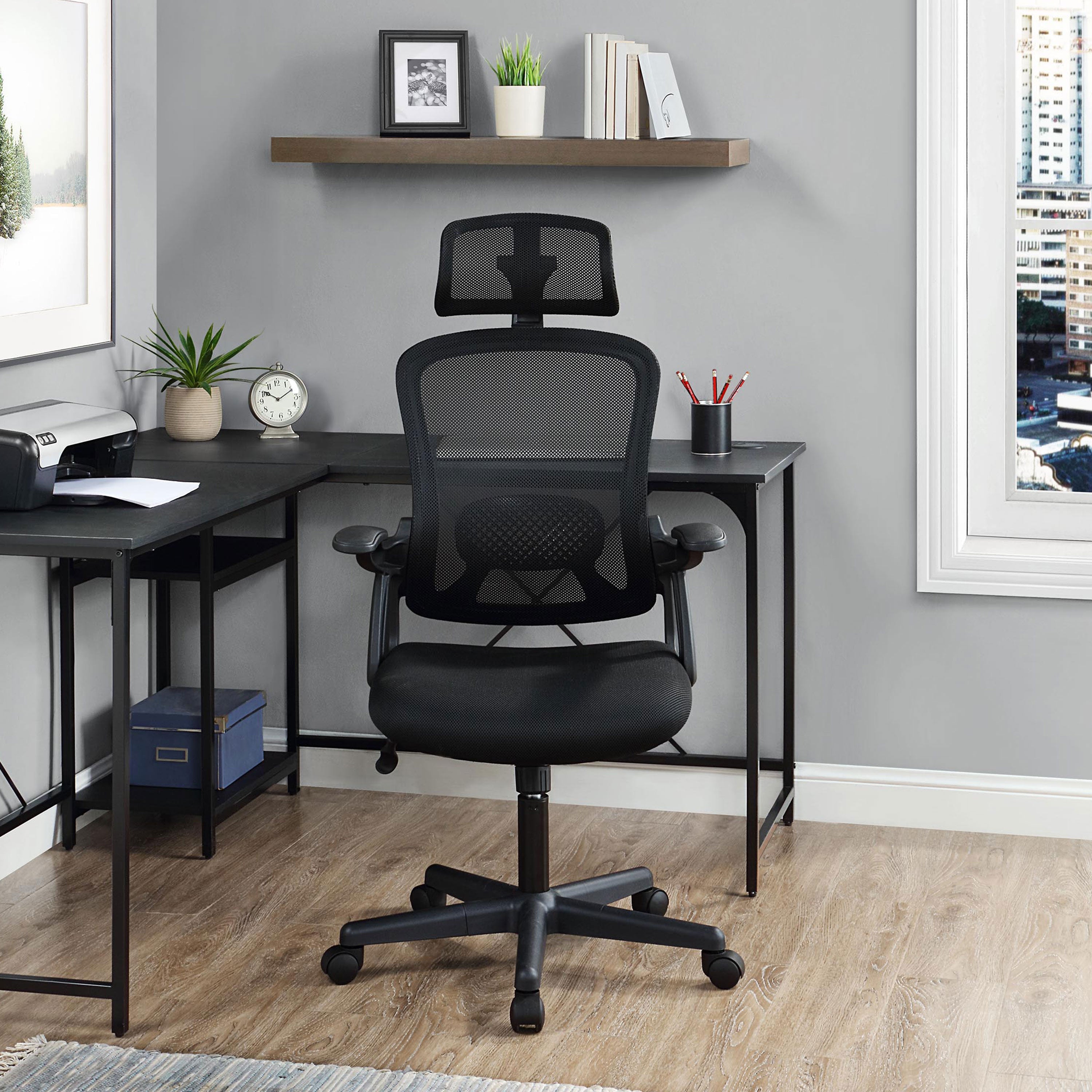 Mainstays Ergonomic Office Chair with Adjustable Headrest, Black Fabric, 275lb capacity