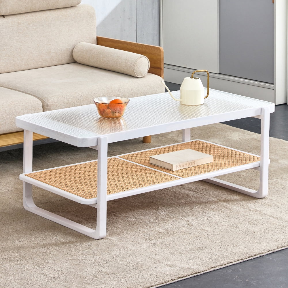 Glass Top, Imitation Rattan Side Table. Modern Minimalist White Double-walled Solid Wood Coffee Table. Rectangular Tables for Living Rooms, Dining Rooms and Bedrooms