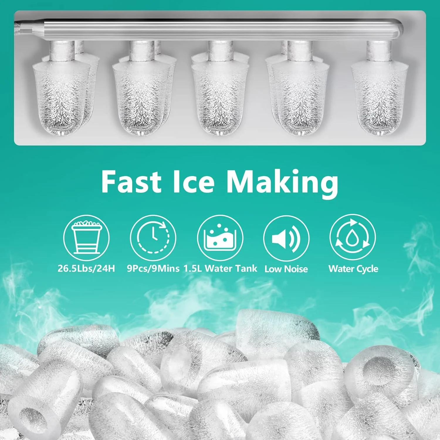 Ice Makers Countertop, 9 Bullet Ice in 6-9 Mins with Ice Scoop and Basket, 26.5 Lbs per Day, Portable Ice Maker for Home Office Camping Party RV, Blue