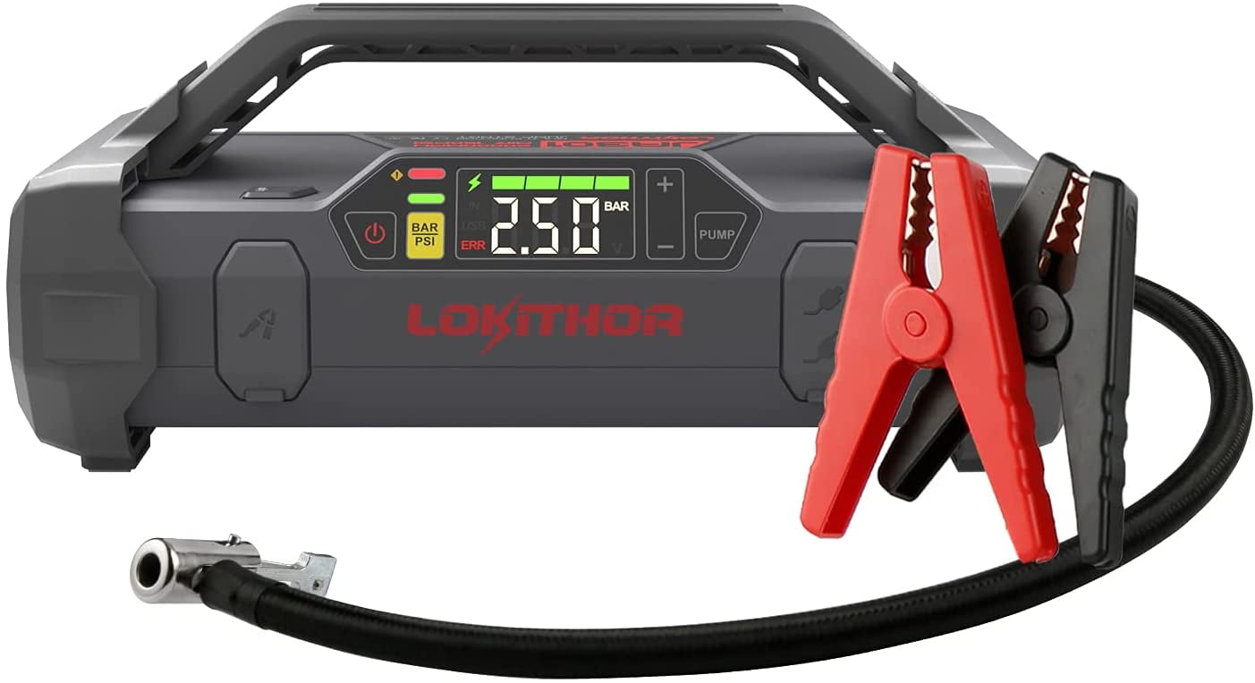 Lokithor Jump Starter 2000Amp 20000mAh 12V Car Battery Booster Pack for Upto 8L Gas or 6L Diesel, 150 PSI Air Compressor with Damping Technology,Portable Power Bank with Handle Bar and Emergency Light