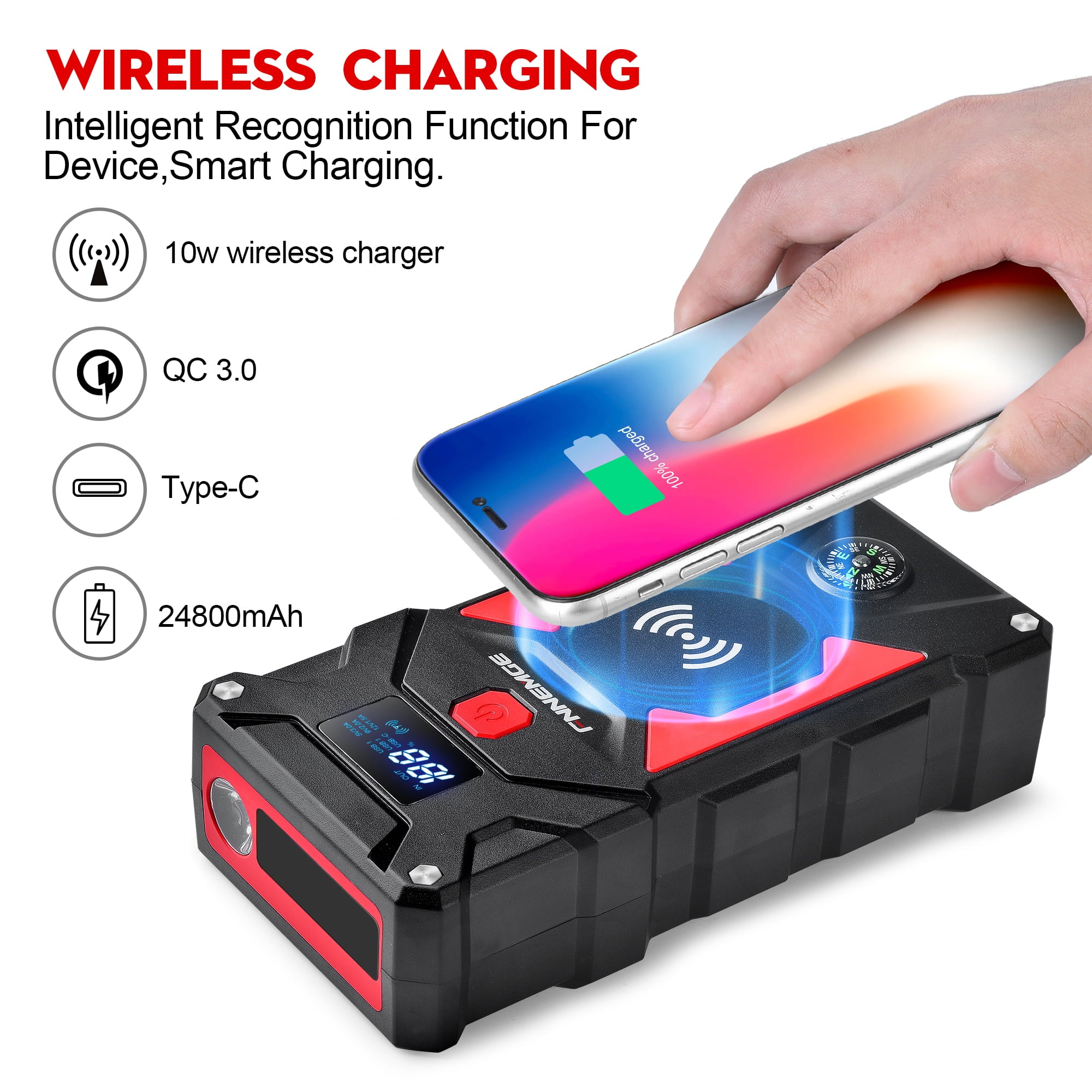 FNNEMGE Car Jump Starter 2500A Peak 24800mAh (Up to All Gas, 8.0L Diesel Engine), with 10W Wireless Charger Power Bank, 12V Auto Battery Booster with Smart Jumper Cable, USB Quick Charge 3.0