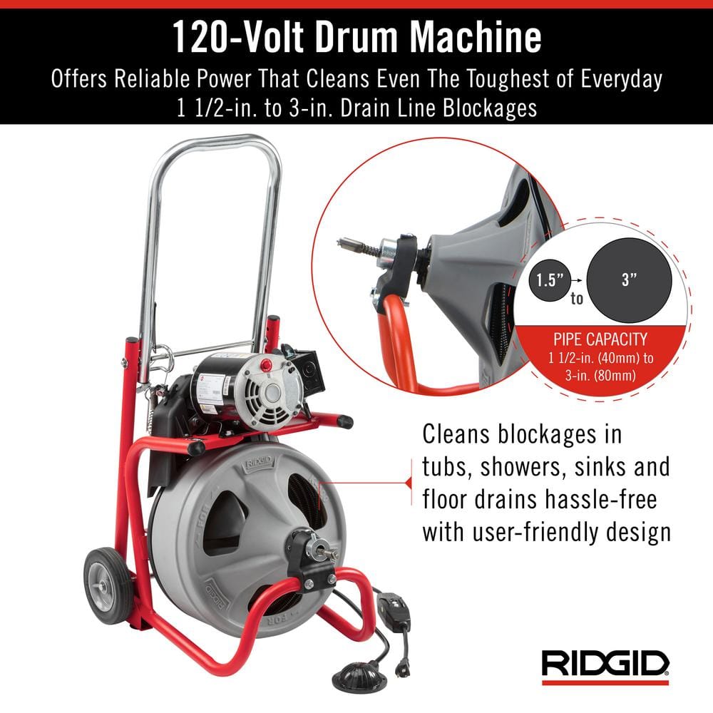 K-400 Drain Cleaning Snake Auger 120-Volt Drum Machine with C-32IW 3/8 in. x 75 ft. Cable + 4-Piece Tool Set & Gloves 52363