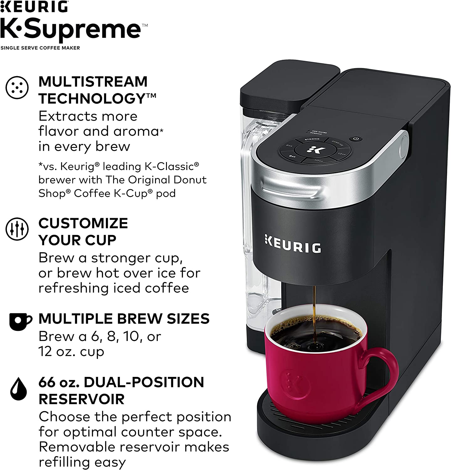 Keurig K-Supreme Coffee Maker， Single Serve K-Cup Pod Coffee Brewer， With MultiStream Technology， 66 Oz Dual-Position Reservoir， and Customizable Settings， Black💝 Last Day For Clearance