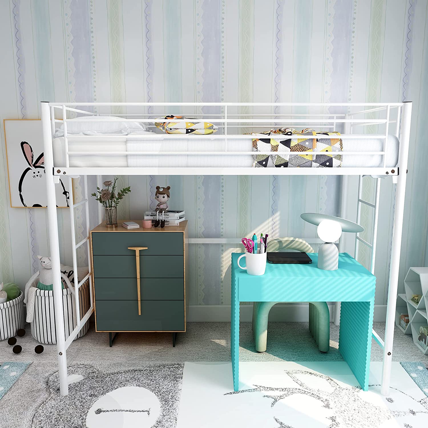 Metal Twin Loft Bed for Kids with Ladders and Safety Guard Rails Space-Saving Noise Free No Box Spring Needed White