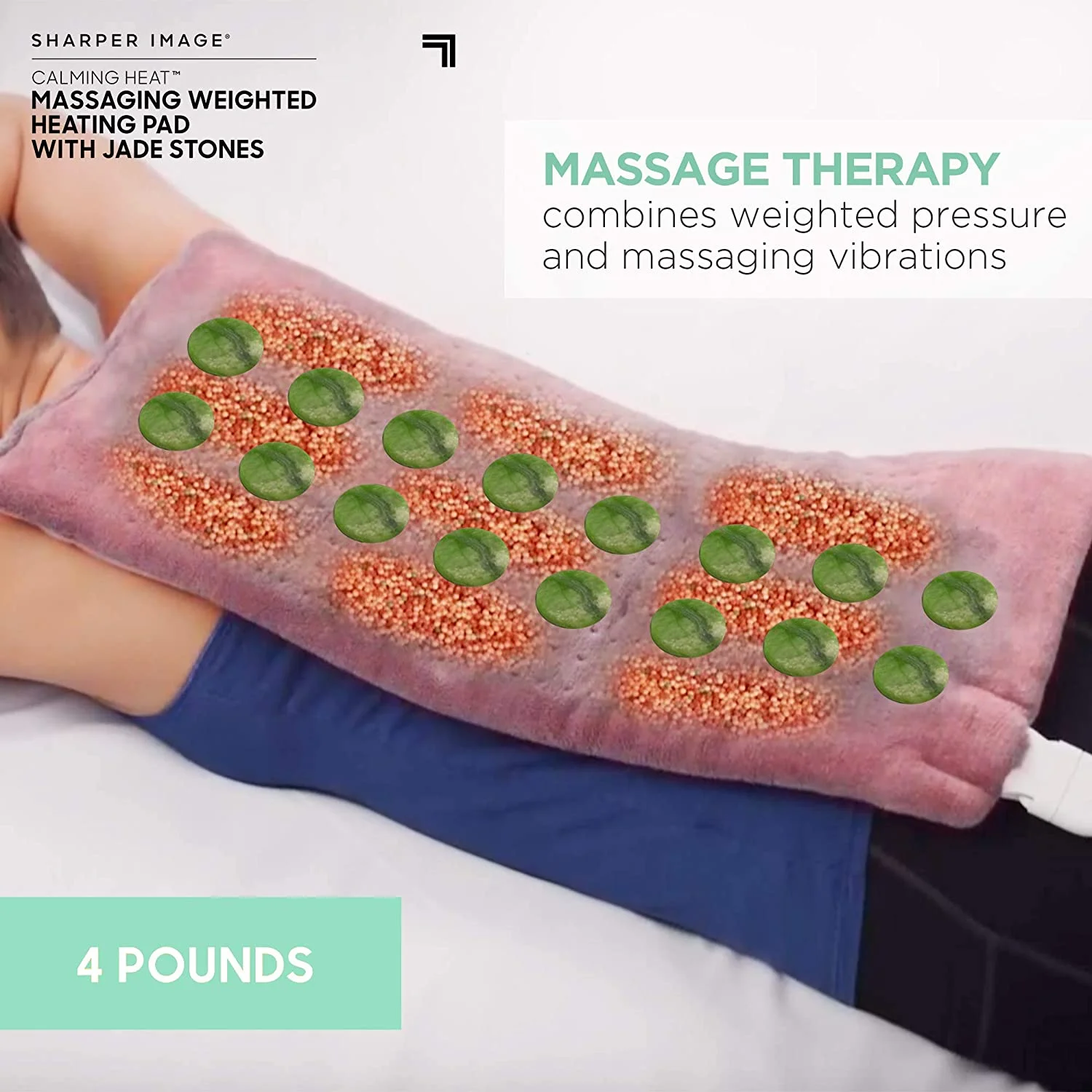 Calming Heat Jade Stone Massaging Weighted Heating Pad by Sharper Image- Weighted Electric Heating Pad, Massaging Vibrations, 6 Settings- 3 Heat, 3 Massage- 9 Relaxing Combinations, 12” x 24”, 4 lbs