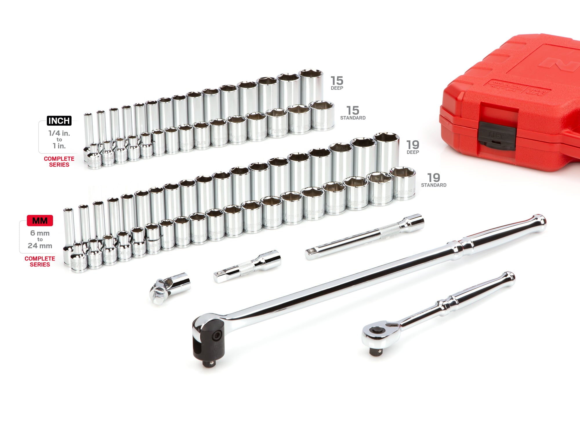 TEKTON 3/8 Inch Drive 6-Point Socket & Ratchet Set, 74-Piece (1/4-1 in., 6-24 mm), SKT15311