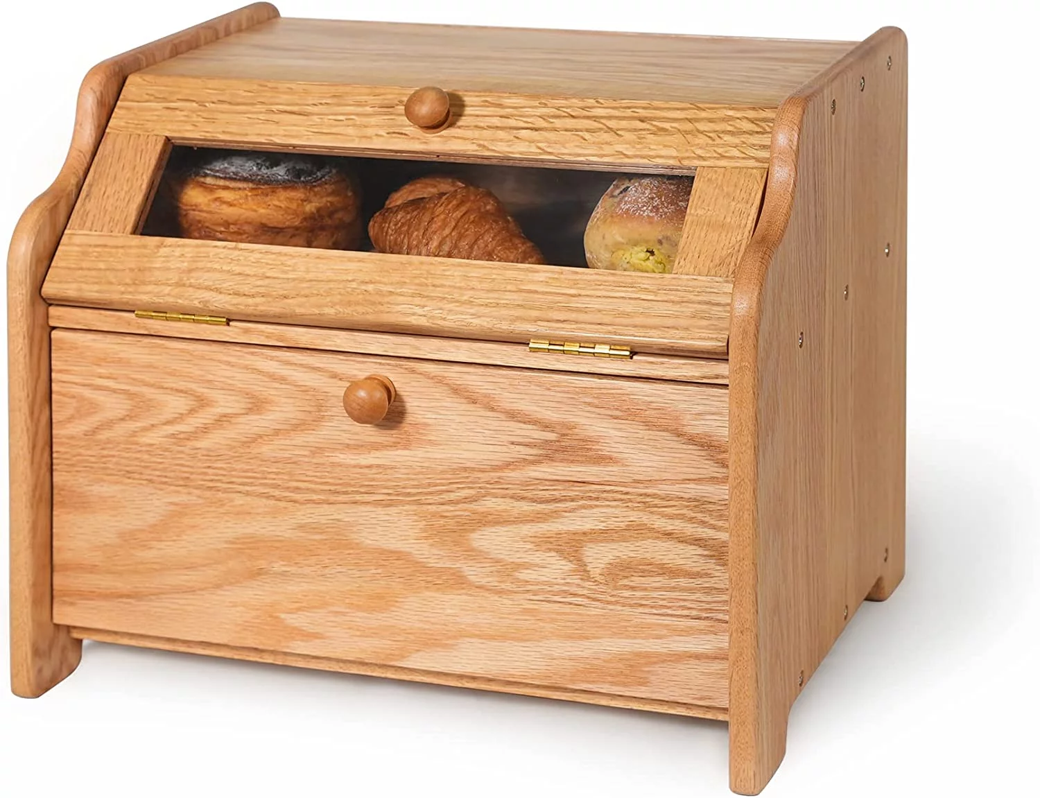 Bread Box, Solid Wood Oak Bread Box for Kitchen Countertop, Double Layer Bread Container for Bread Storage, Large Capacity Breadbox with Clear Window, Nature