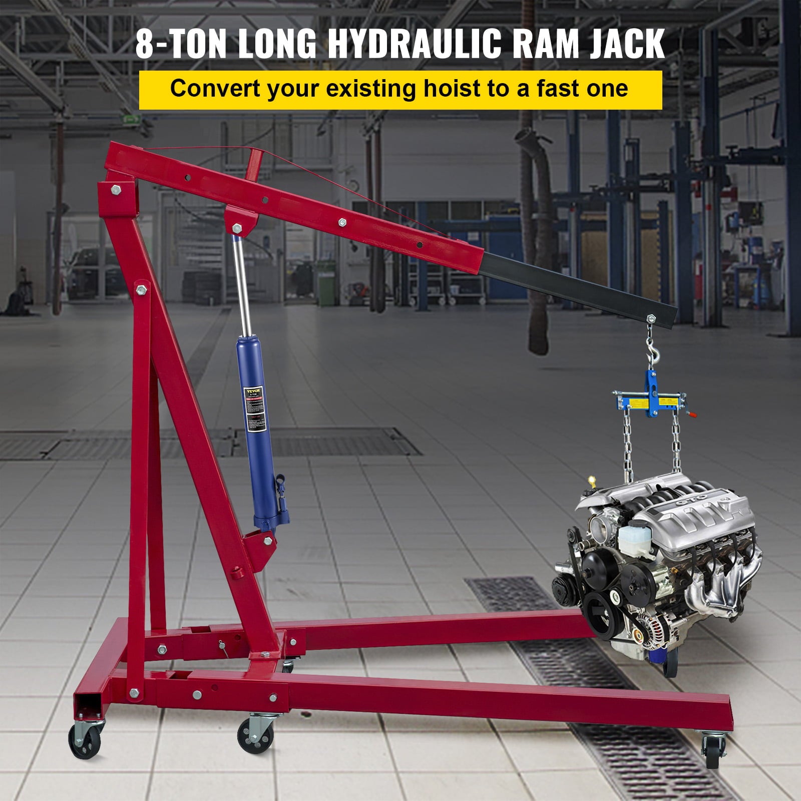 VEVOR Hydraulic Long Ram Jack, 8 Tons/17363 lbs Capacity, with Single Piston Pump and Clevis Base, Manual Cherry Picker with Handle, for Garage/Shop Cranes, Engine Lift Hoist, Blue
