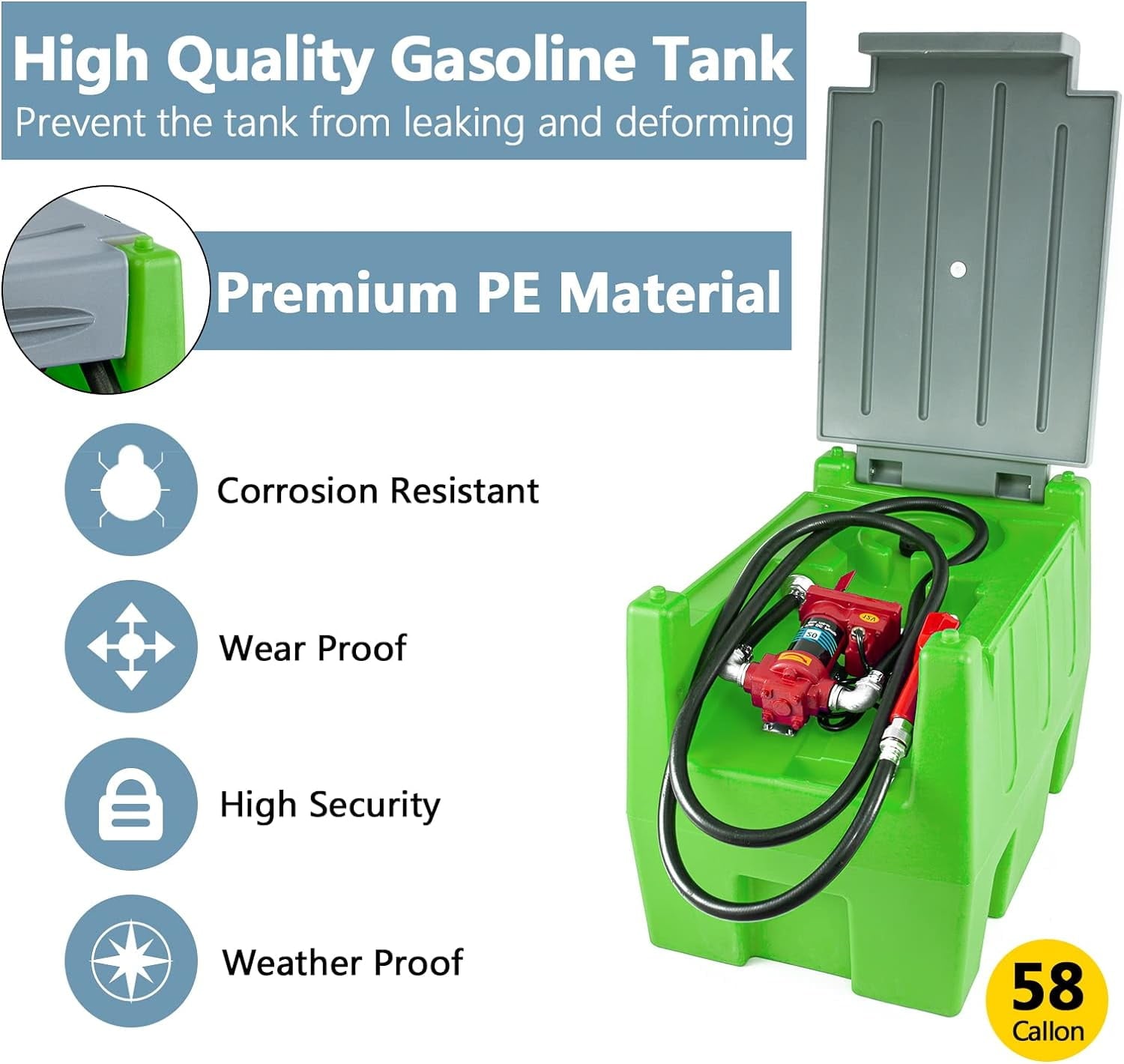 TECSPACE 58 Gallon Diesel Tank, Portable Fuel Tank with 12V Electric Fuel Transfer Pump, 40 GPM Diesel fuel Tank with 4 Meters Hose for Diesel Transportation (Green, 58 gal)