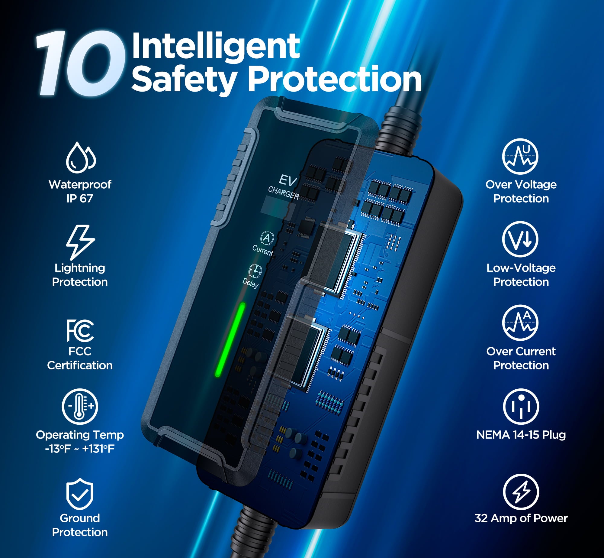 Famistar 32 Amp Level 2 EV Charger - 25 Ft Portable Charger with NEMA 14-50P 240V J1772 Charging Cable Adjustable&Smart Timing Charging in EV Charging Station