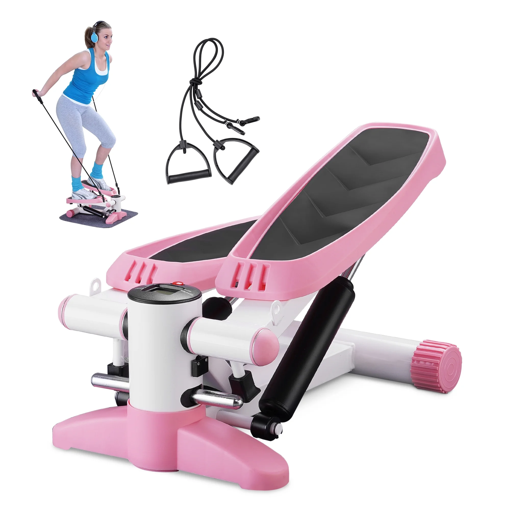 Wesfital Steppers for Exercise + Free Non-slip Mat, Mini Stair Stepper with Resistance Bands(Pink)