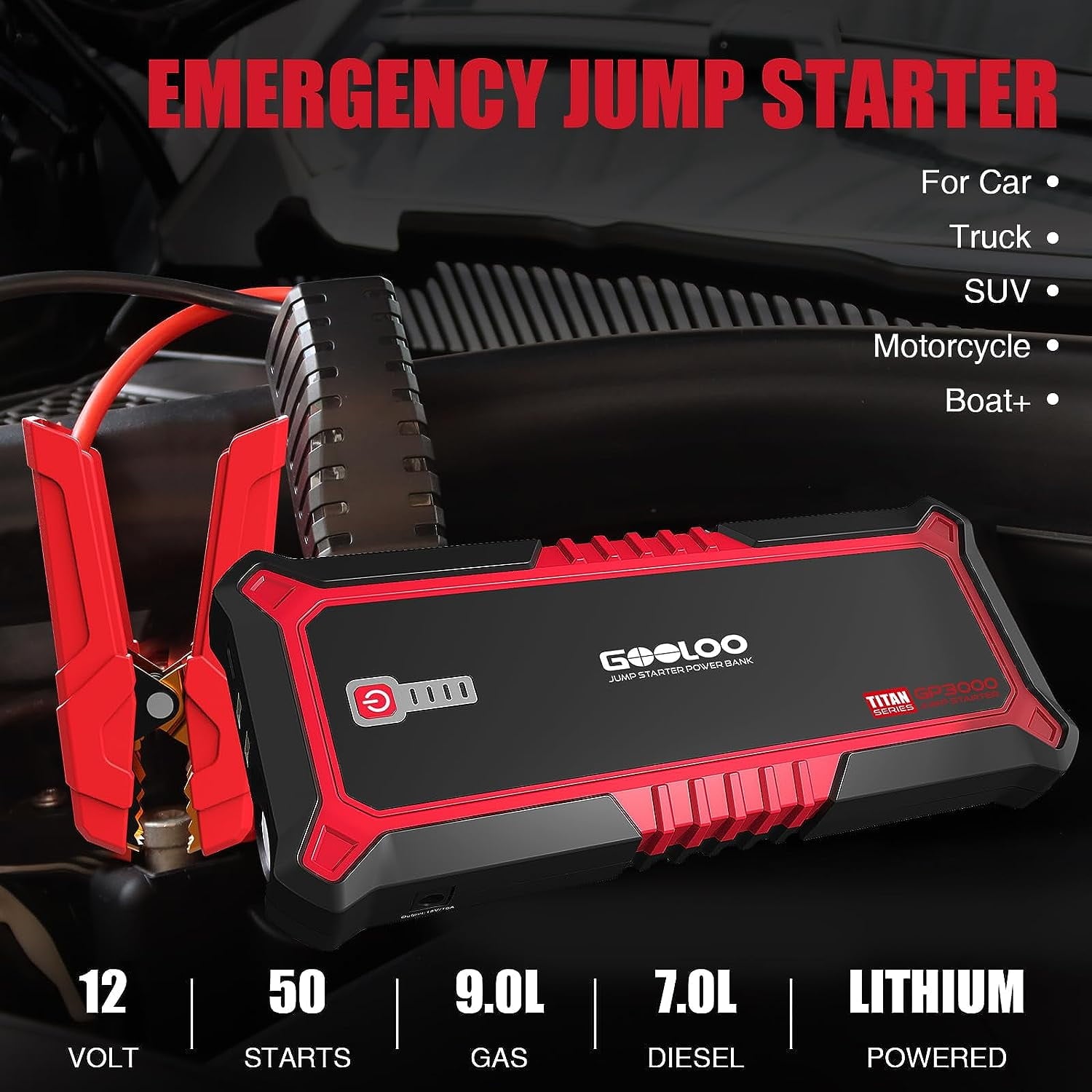 GOOLOO GP3000 Car Jump Starter,3000A Peak Jump Pack(Up to 9.0L Gas and 7.0L Diesel Engine)with USB Quick Charge,Portable 12V Lithium Battery Booster Box Car Starter